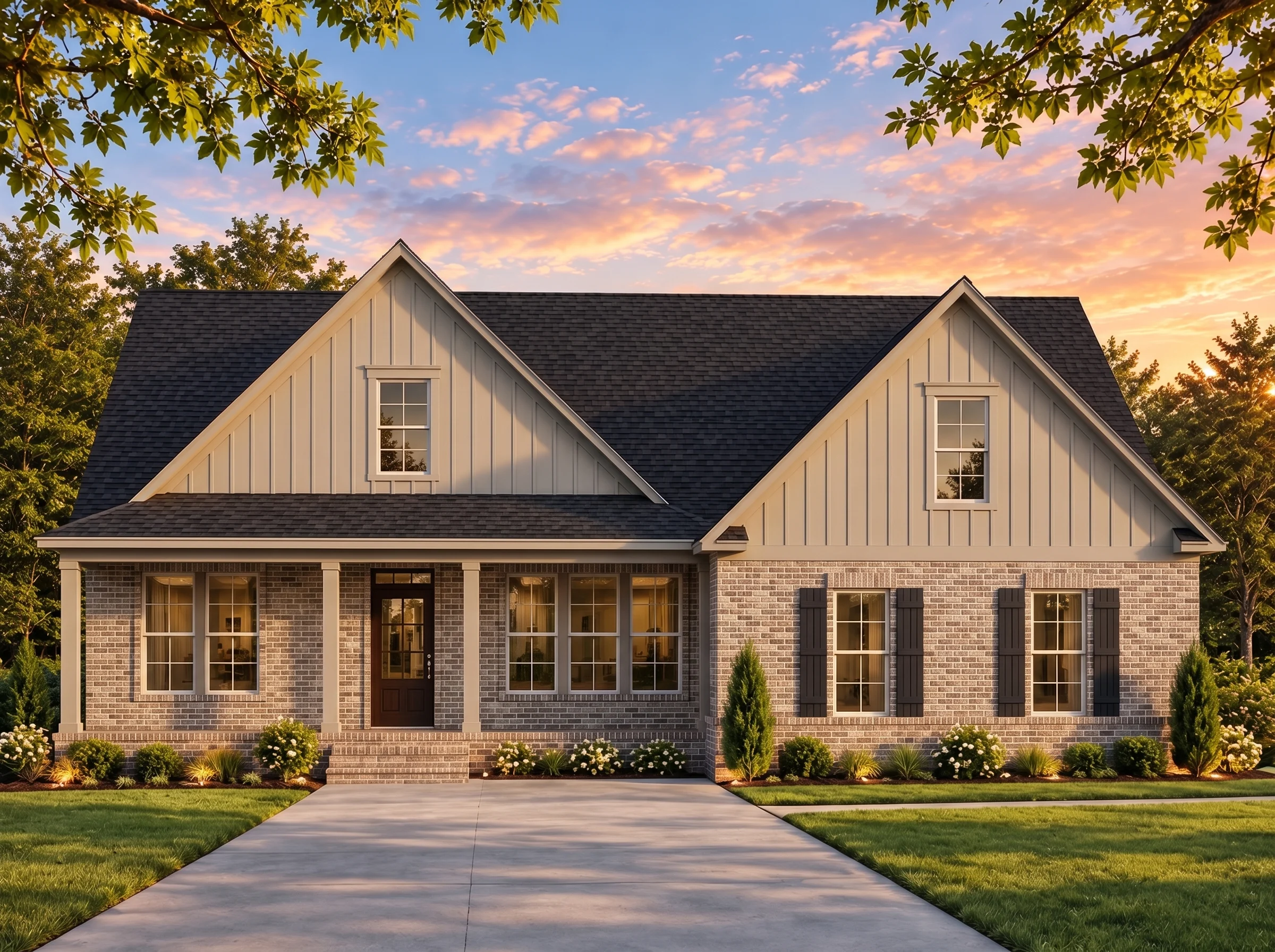 Plan  16-1378 – Cox Lodge | Modern  Farmhouse – 3-Bed, 2-Bath, 2,121 SF - Natural Brick, AI-generated exterior concept