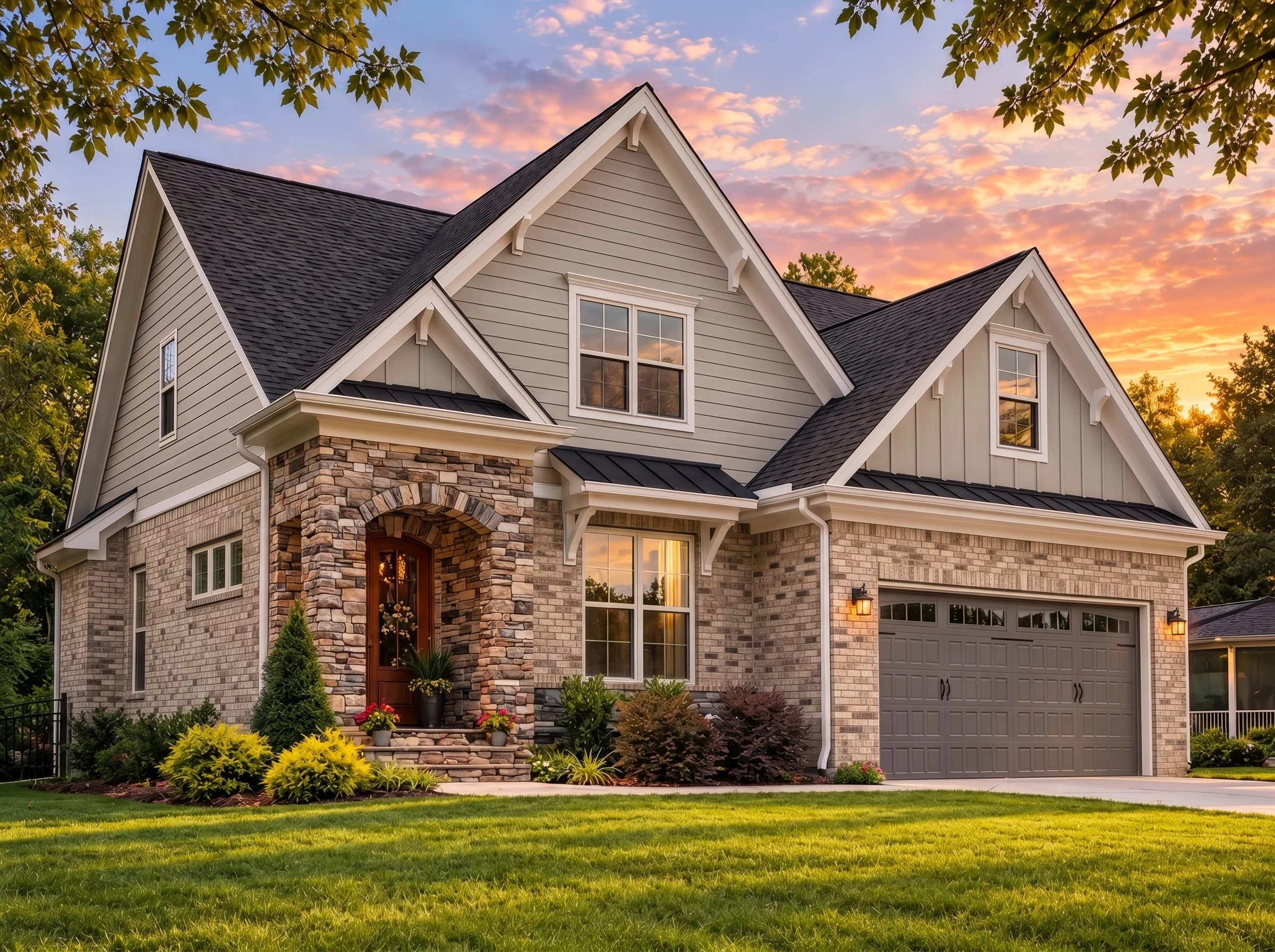 Plan  16-1379 – SweetHomeHut | New  American – 3-Bed, 3-Bath, 2,901 SF - Natural Brick, AI-generated exterior concept