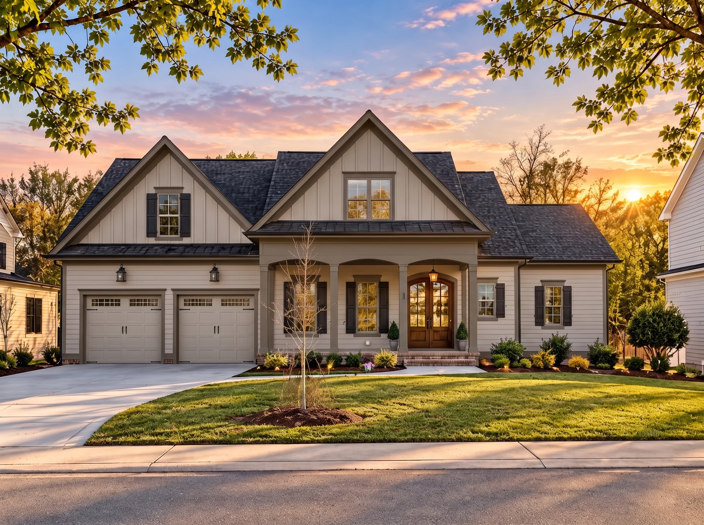 Plan  16-1377 – The Richardson Station  | New American – 3-Bed, 3.5-Bath, 3,601 SF - Mushroom Taupe, AI-generated exterior concept