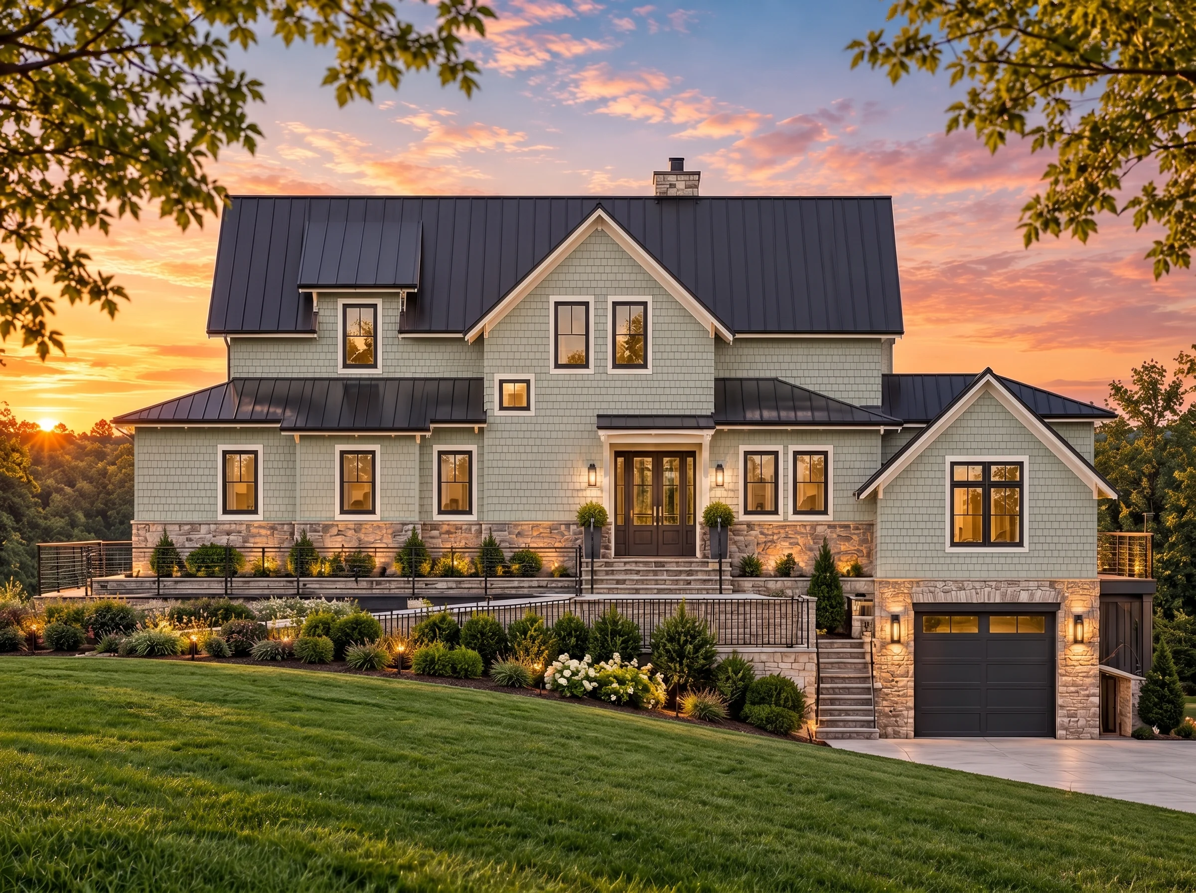 Plan  16-1375 – Aster Lane Villa |  New American – 4-Bed, 3.5-Bath, 2,727 SF - Muted Sage, AI-generated exterior concept