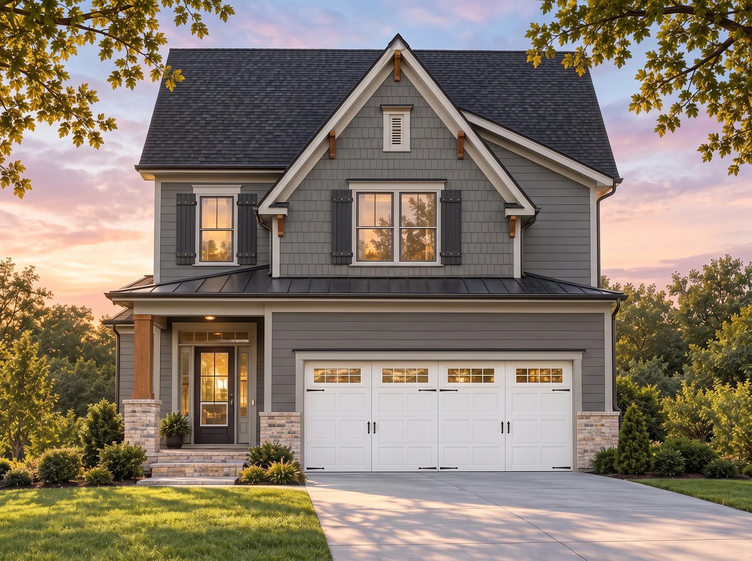 Plan  16-1523 – The Brooks Manor |  Modern Farmhouse – 4-Bed, 3-Bath, 2,372 SF - Warm Charcoal, AI-generated exterior concept