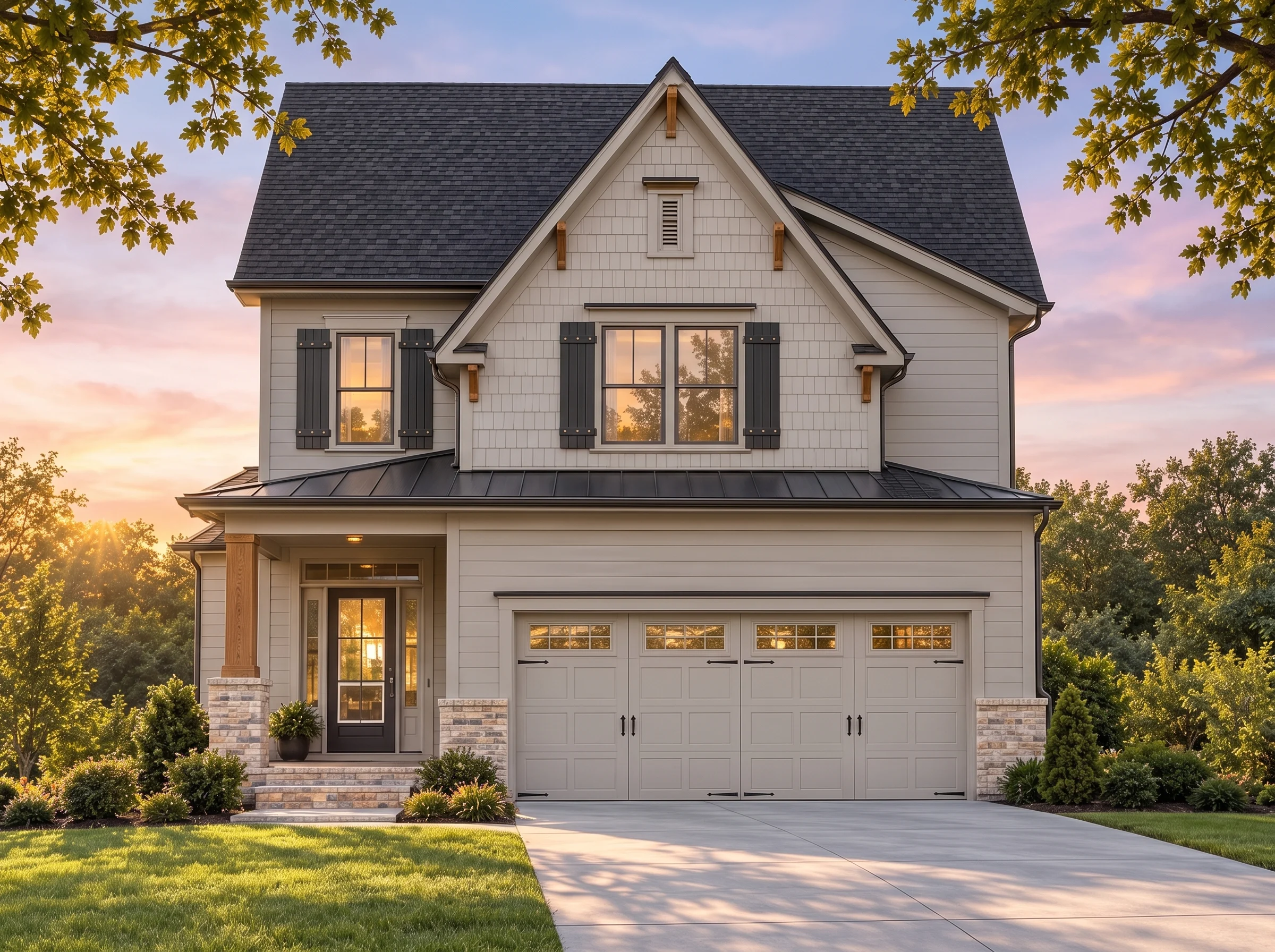 Plan  16-1523 – The Brooks Manor |  Modern Farmhouse – 4-Bed, 3-Bath, 2,372 SF - Mushroom Taupe, AI-generated exterior concept
