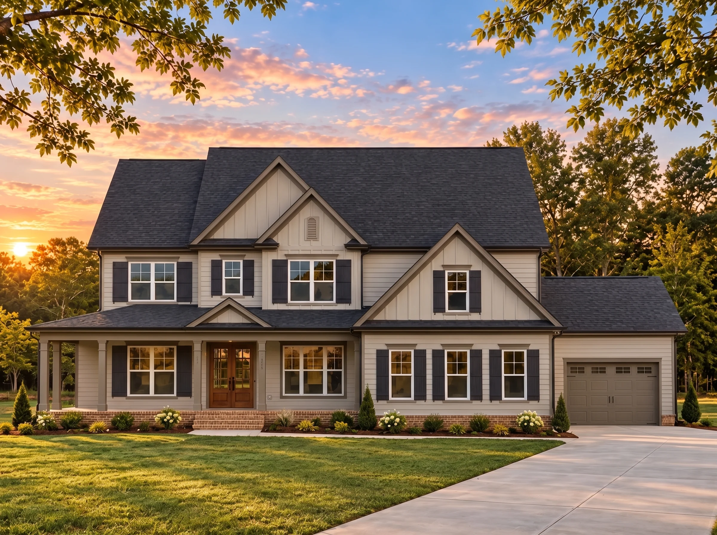 Plan  16-1481 – Ramirez Meadow |  Traditional Colonial – 5-Bed, 3.5-Bath, 3,861 SF - Mushroom Taupe, AI-generated exterior concept