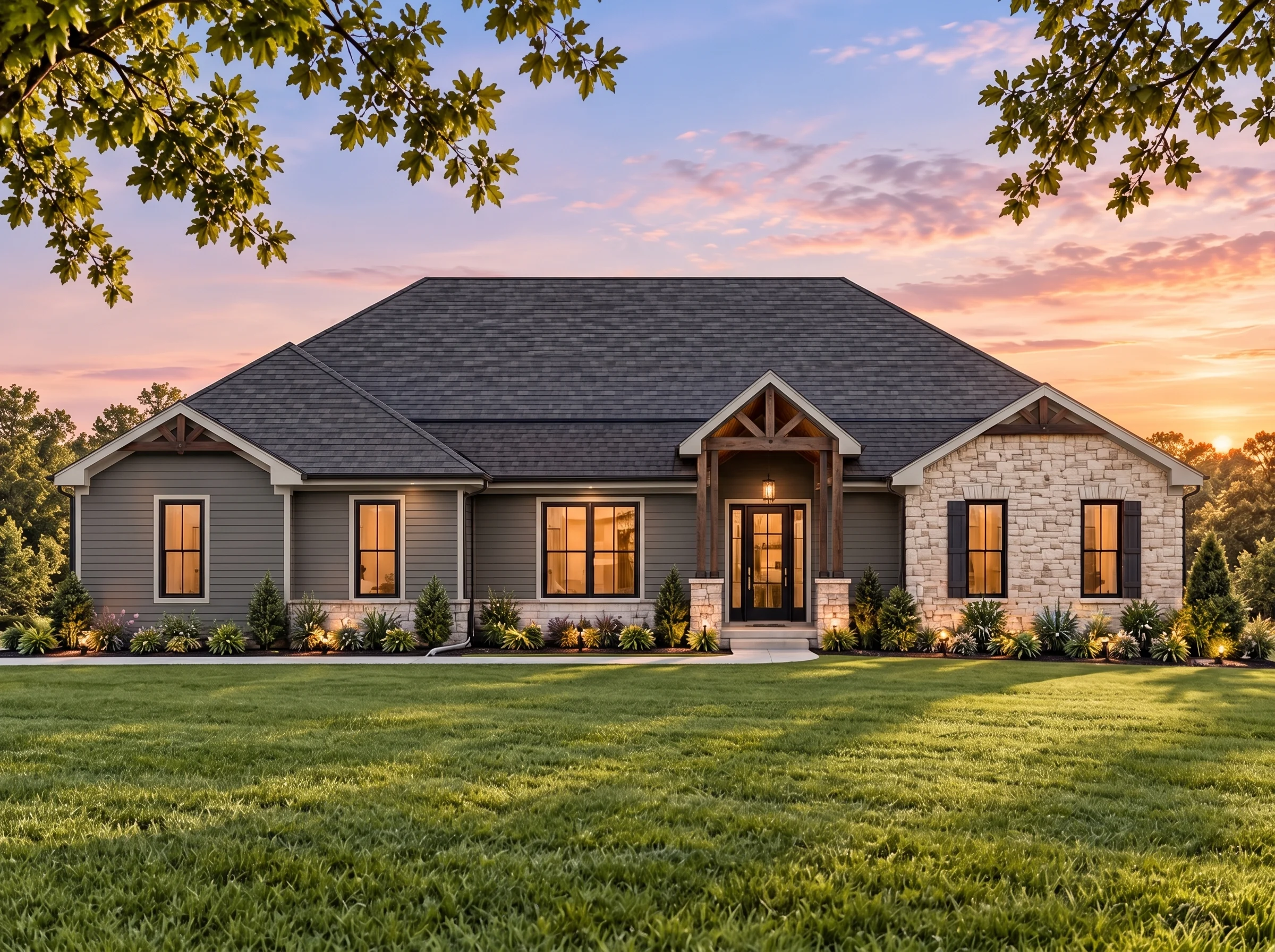 Plan  16-1480 – Aster Heights Villa  | New American – 3-Bed, 3.5-Bath, 1,148 SF - Warm Charcoal, AI-generated exterior concept