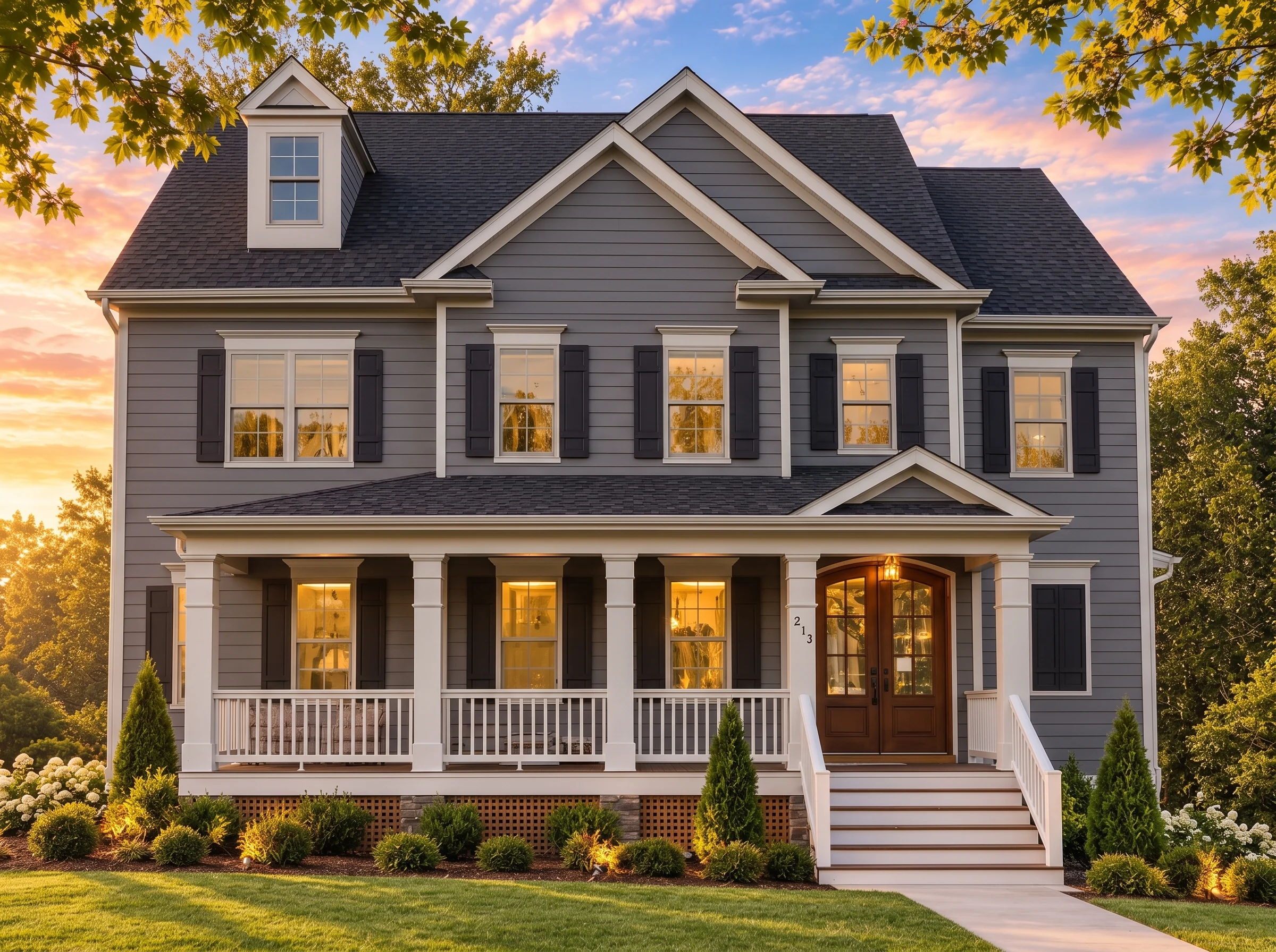 Plan  16-1465 – Auburn Terrace Manor  | Traditional Colonial – 4-Bed, 5-Bath, 3,295 SF - Warm Charcoal, AI-generated exterior concept