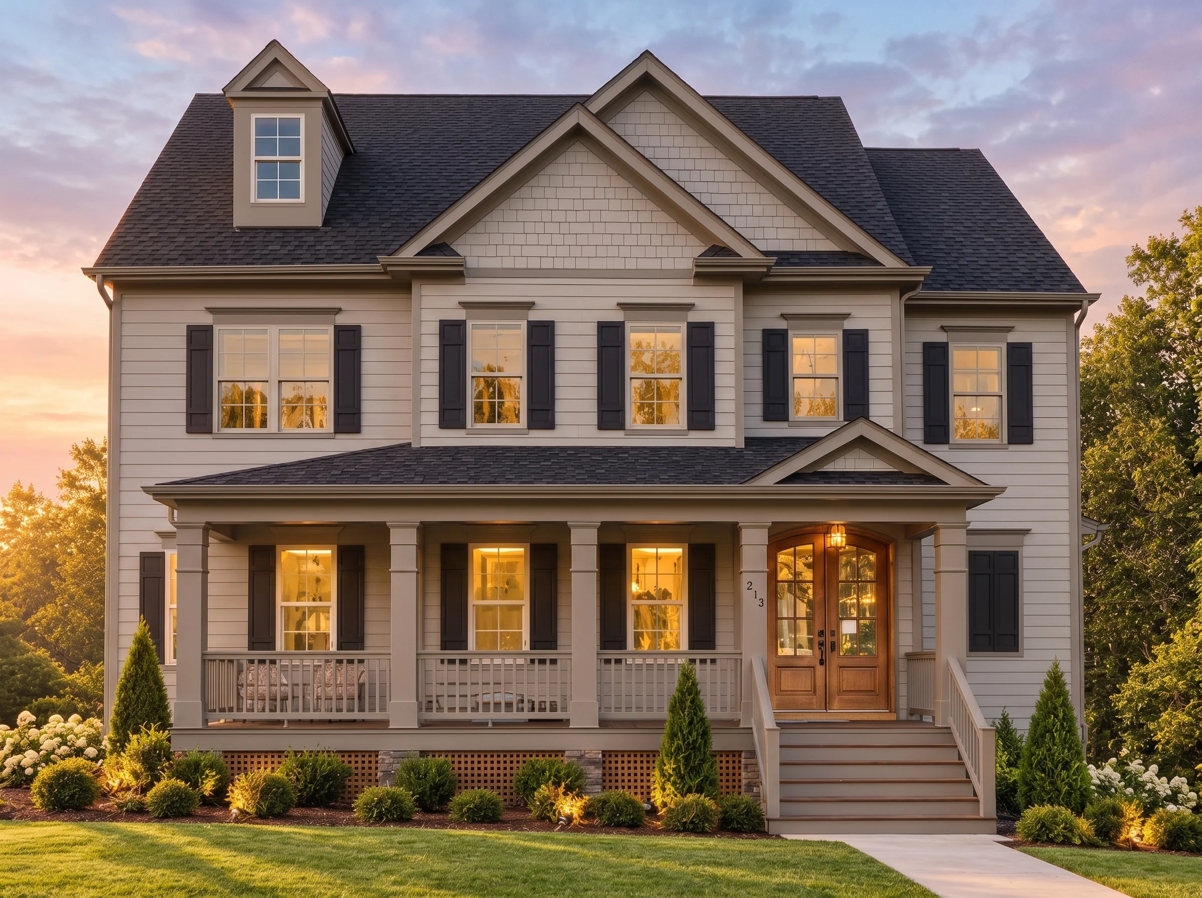 Plan  16-1465 – Auburn Terrace Manor  | Traditional Colonial – 4-Bed, 5-Bath, 3,295 SF - Mushroom Taupe, AI-generated exterior concept
