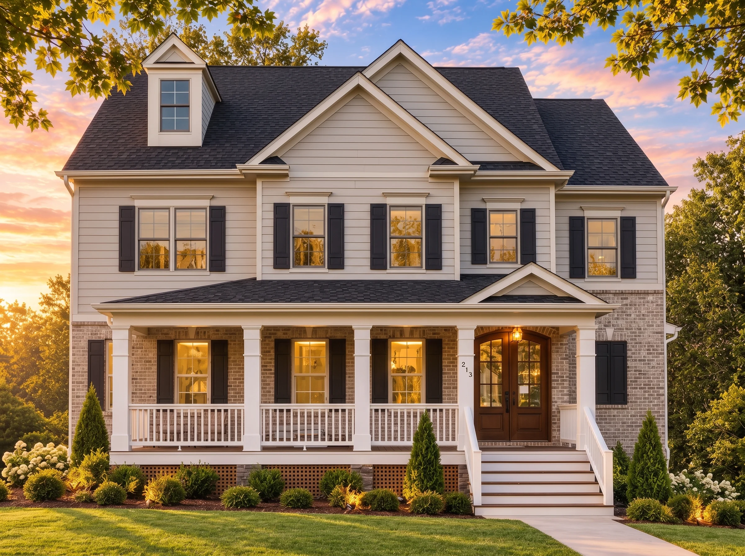 Plan  16-1465 – Auburn Terrace Manor  | Traditional Colonial – 4-Bed, 5-Bath, 3,295 SF - Natural Brick, AI-generated exterior concept