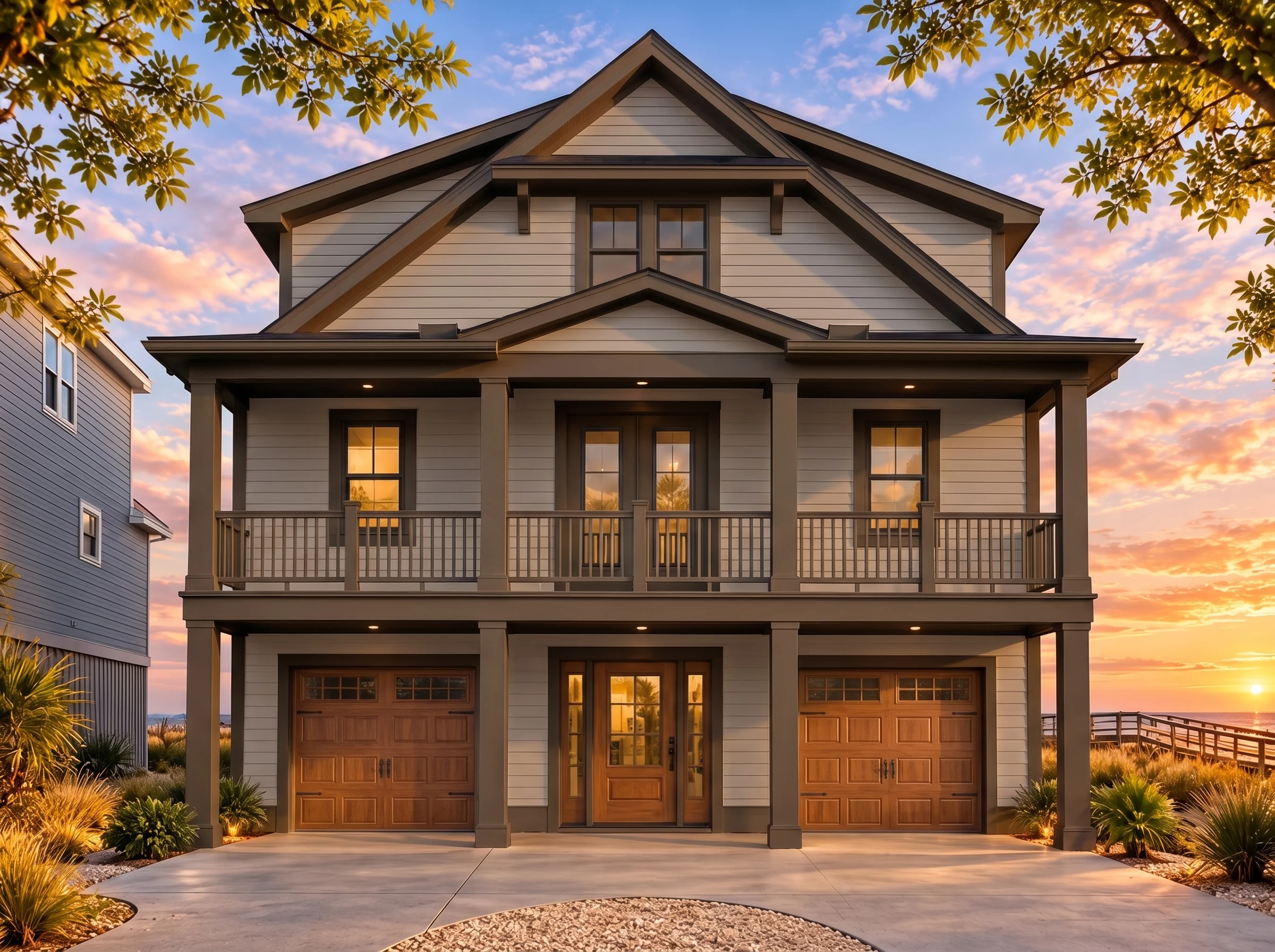 Plan  16-1438 – Aster Knoll Farmhouse  | Coastal – 5-Bed, 5.5-Bath, 3,442 SF - Mushroom Taupe, AI-generated exterior concept