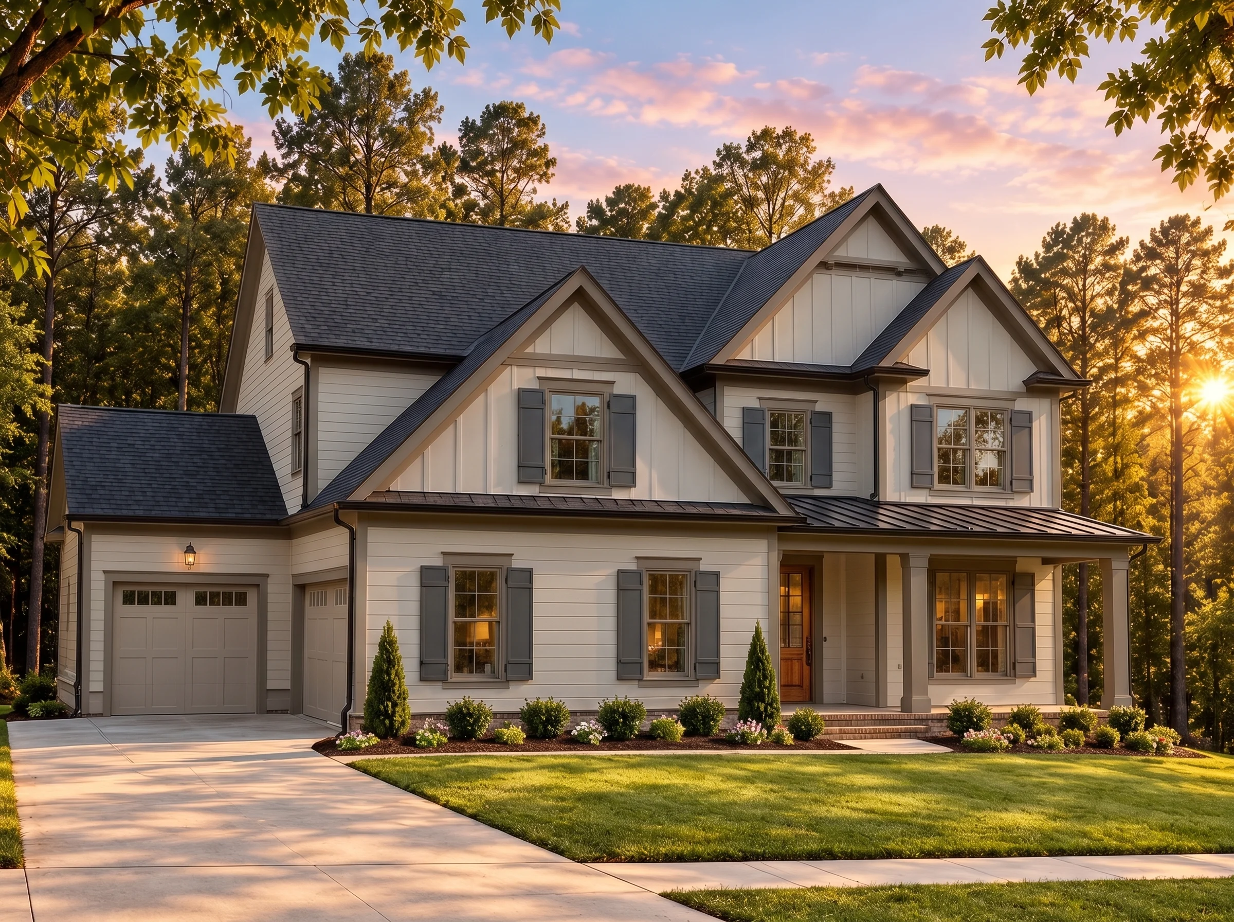 Plan  16-1430B – Sector House | New  American – 5-Bed, 5-Bath, 3,995 SF - Mushroom Taupe, AI-generated exterior concept