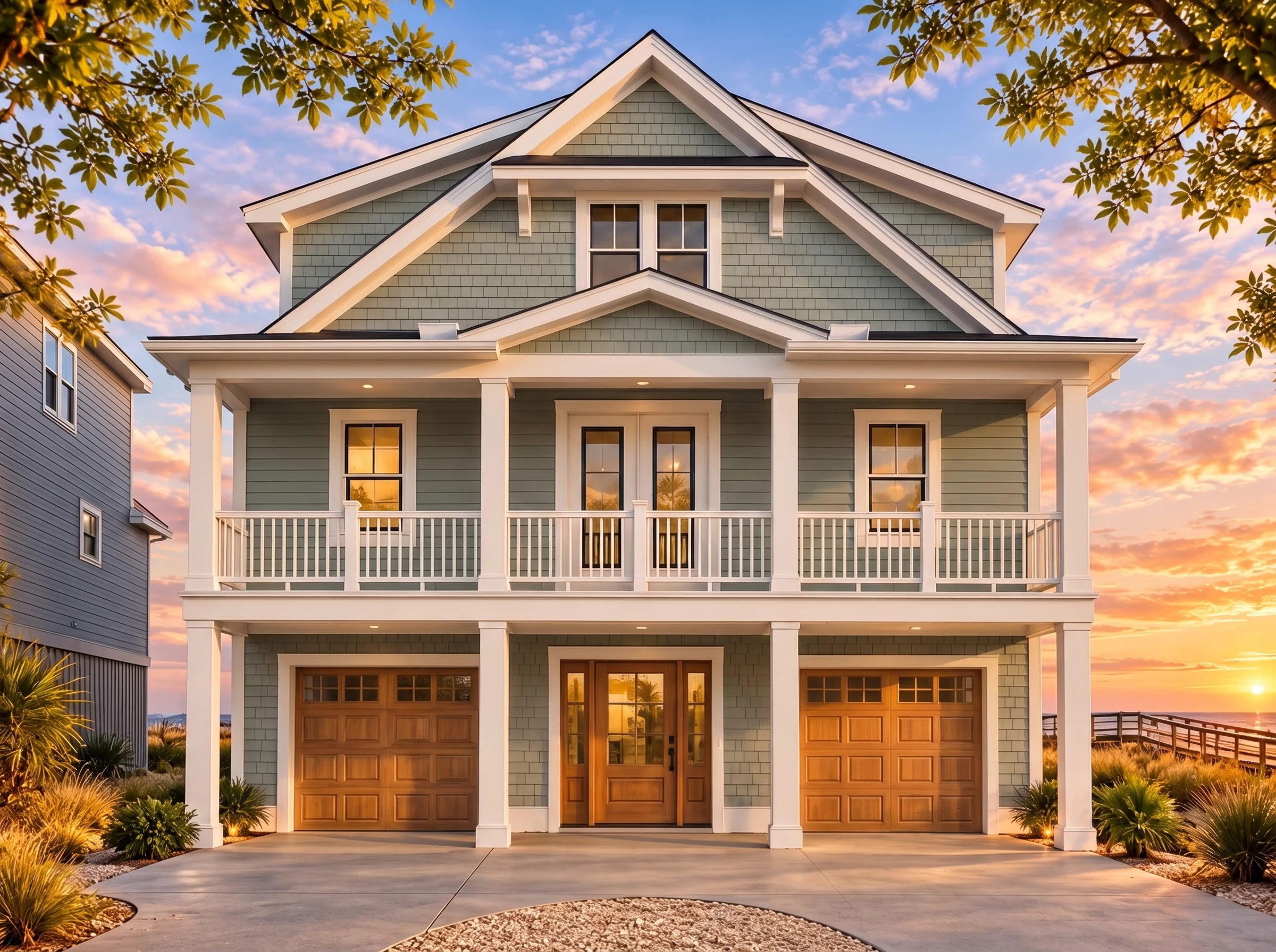 Plan  16-1438 – Aster Knoll Farmhouse  | Coastal – 5-Bed, 5.5-Bath, 3,442 SF - Muted Sage, AI-generated exterior concept