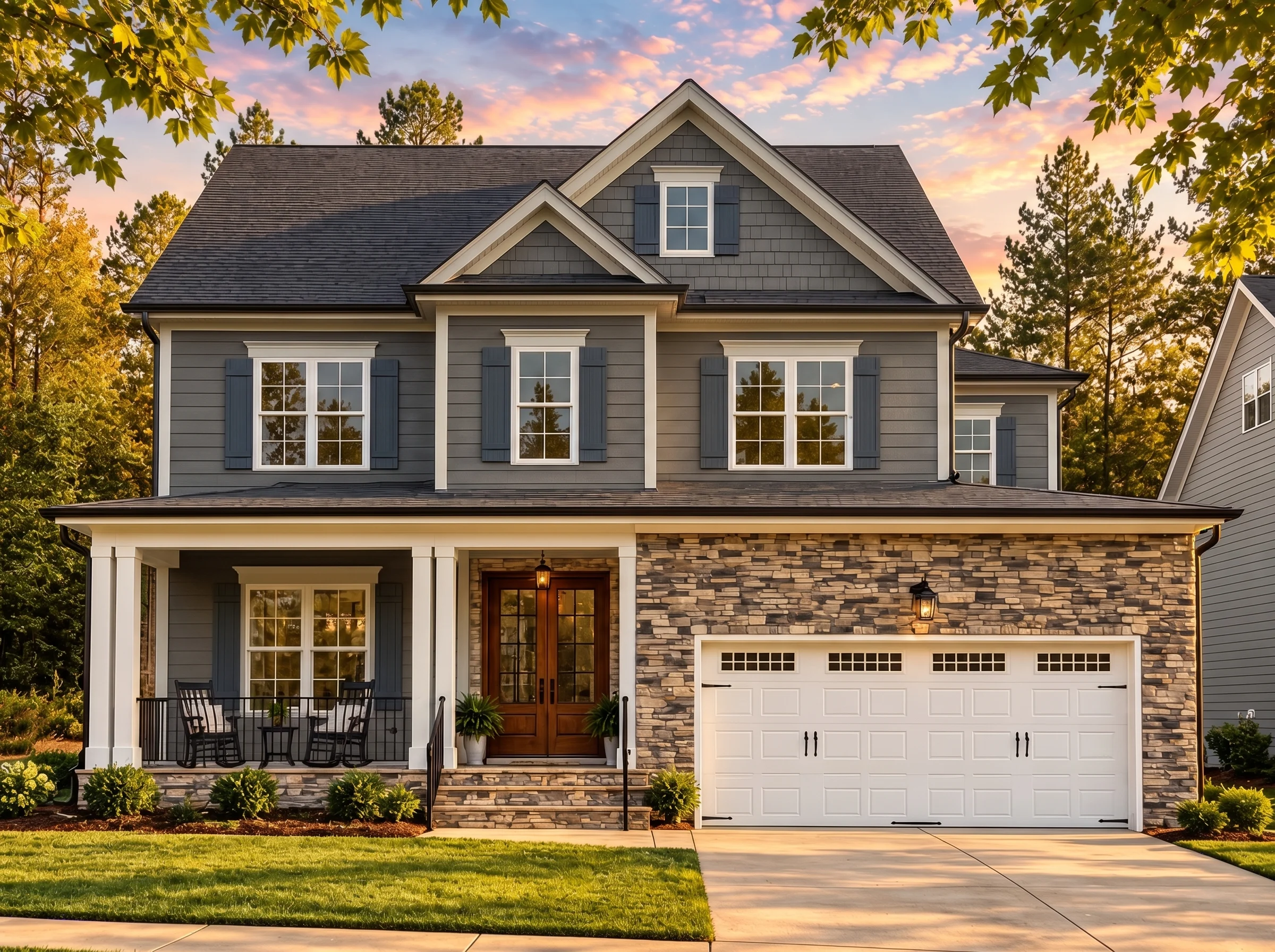 Plan  16-1409 – Auburn Trail Farm |  New American – 5-Bed, 4-Bath, 3,137 SF - Warm Charcoal, AI-generated exterior concept