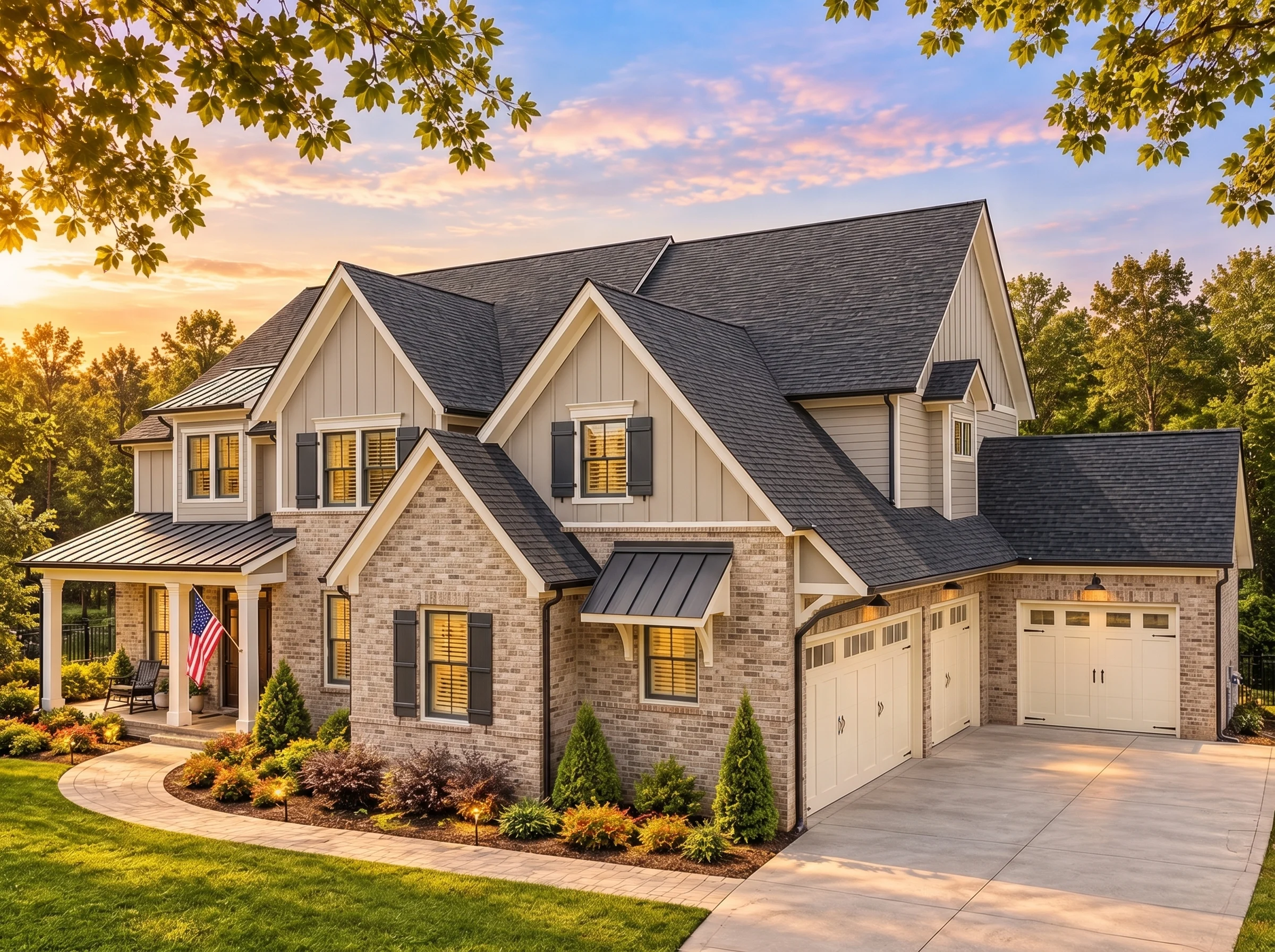 Plan  16-1429 – Oklahoma River | New  American – 5-Bed, 5-Bath, 6,474 SF - Natural Brick, AI-generated exterior concept