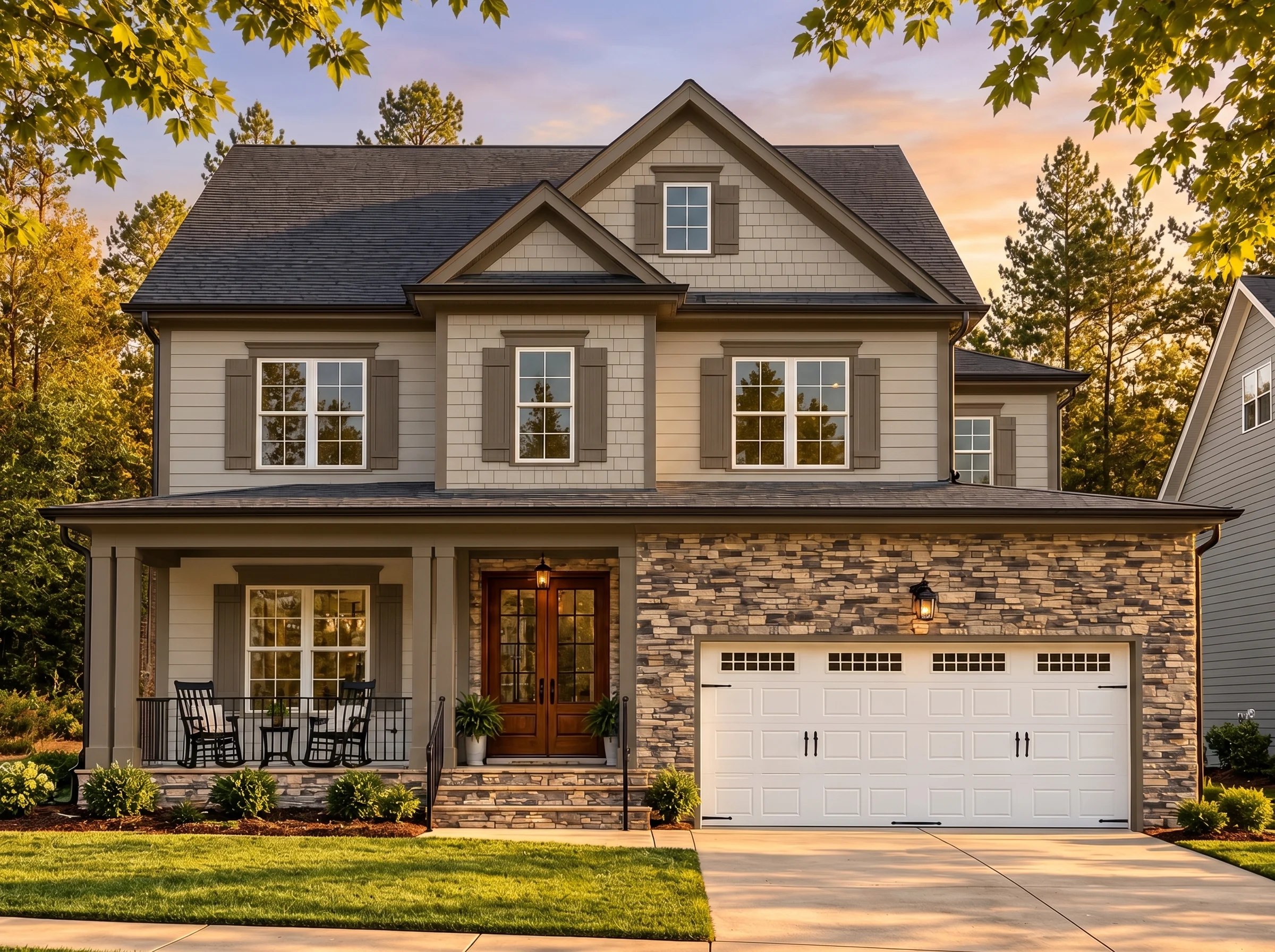 Plan  16-1409 – Auburn Trail Farm |  New American – 5-Bed, 4-Bath, 3,137 SF - Mushroom Taupe, AI-generated exterior concept