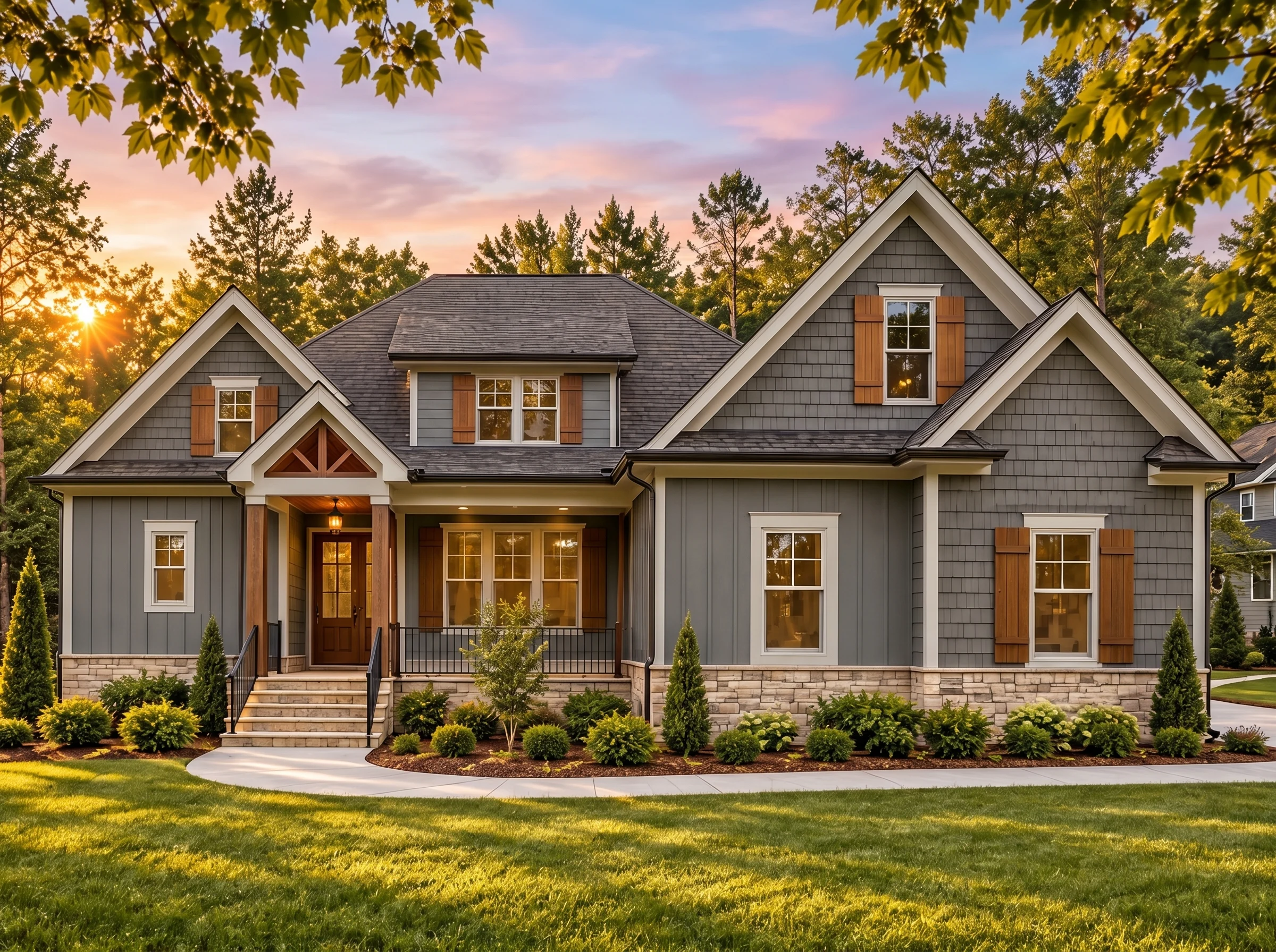 Plan  16-1580 – Aster Woods Hall |  Modern Farmhouse – 4-Bed, 3.5-Bath, 3,595 SF - Warm Charcoal, AI-generated exterior concept