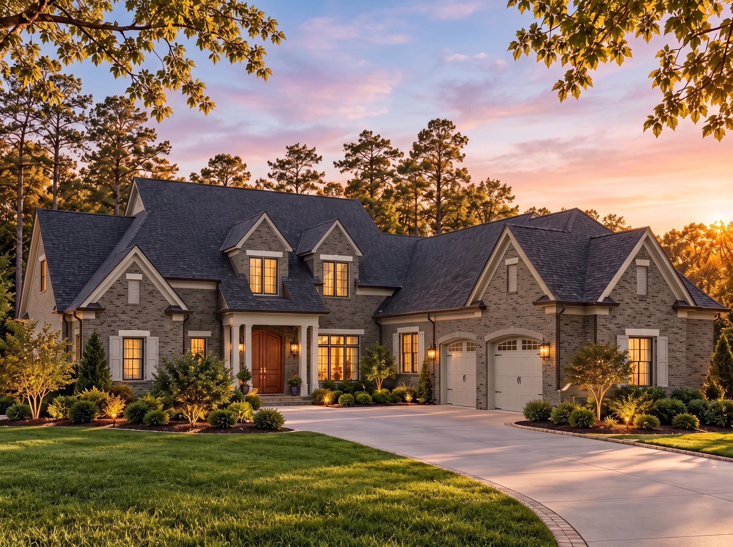 Plan  16-1579 – Minnesota Twin |  French Country – 4-Bed, 3.5-Bath, 4,405 SF - Warm Charcoal, AI-generated exterior concept
