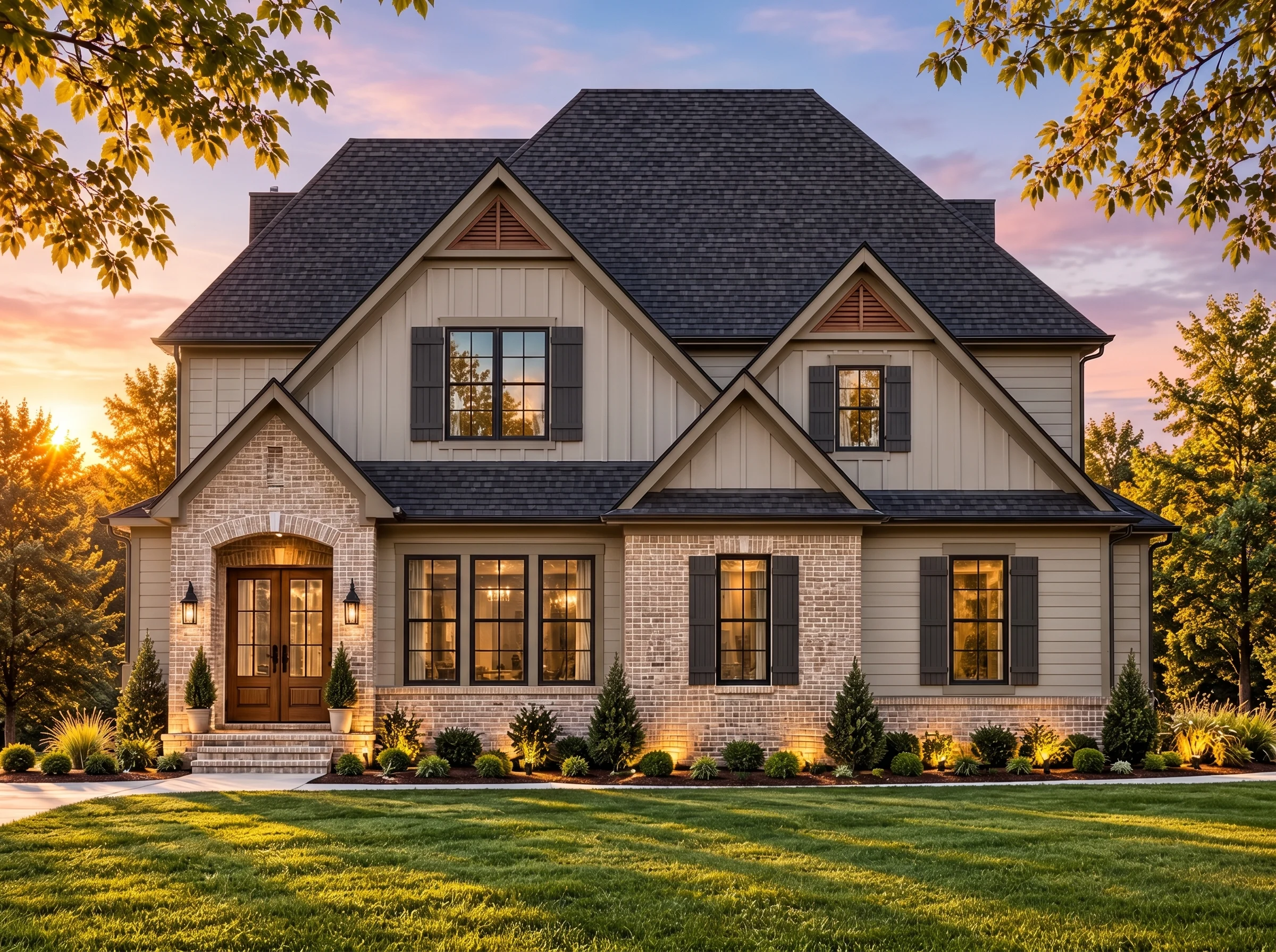 Plan  16-1572 – Heatherbell | Modern  Farmhouse – 4-Bed, 3-Bath, 3,658 SF - Mushroom Taupe, AI-generated exterior concept