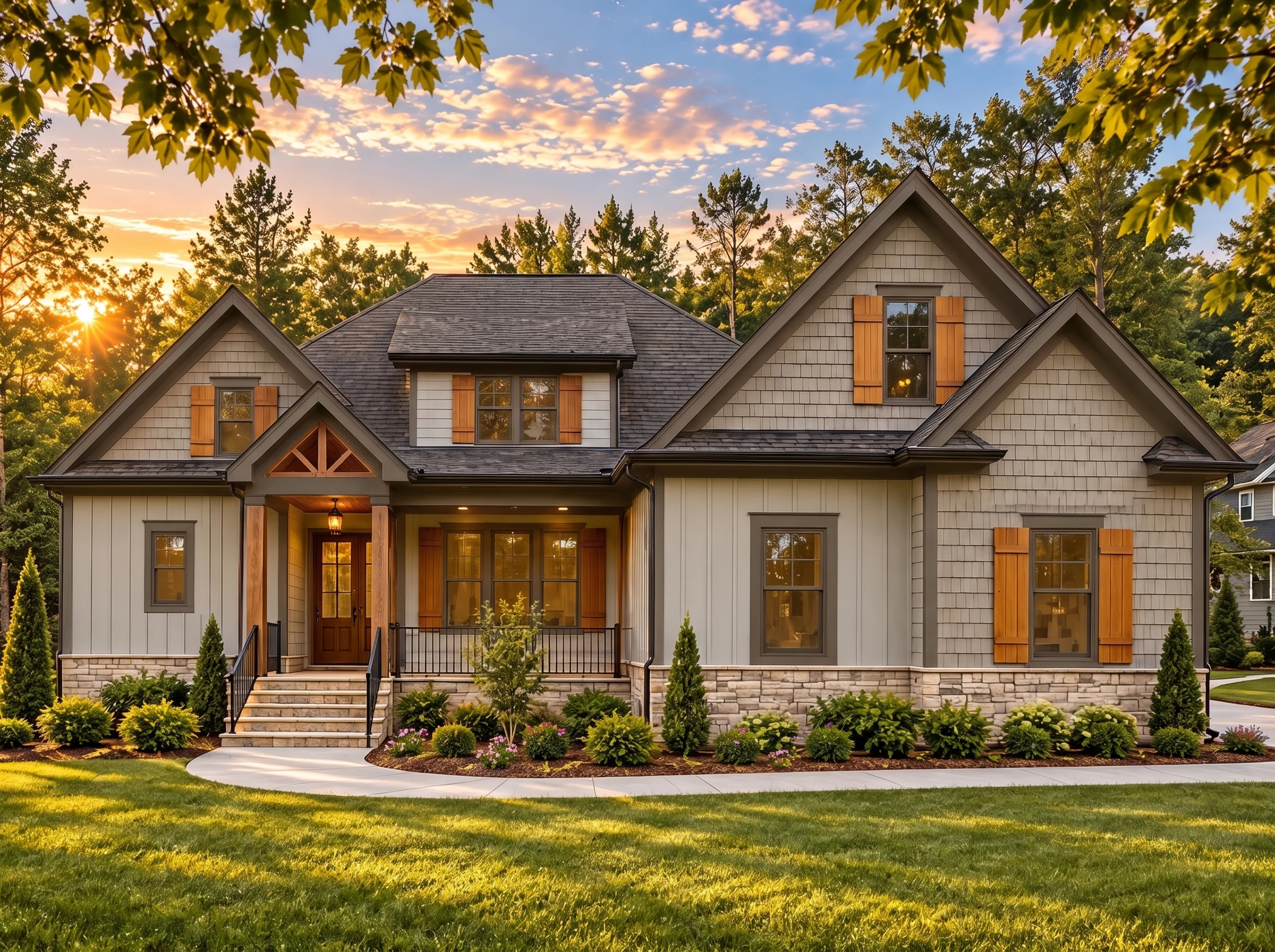 Plan  16-1580 – Aster Woods Hall |  Modern Farmhouse – 4-Bed, 3.5-Bath, 3,595 SF - Mushroom Taupe, AI-generated exterior concept