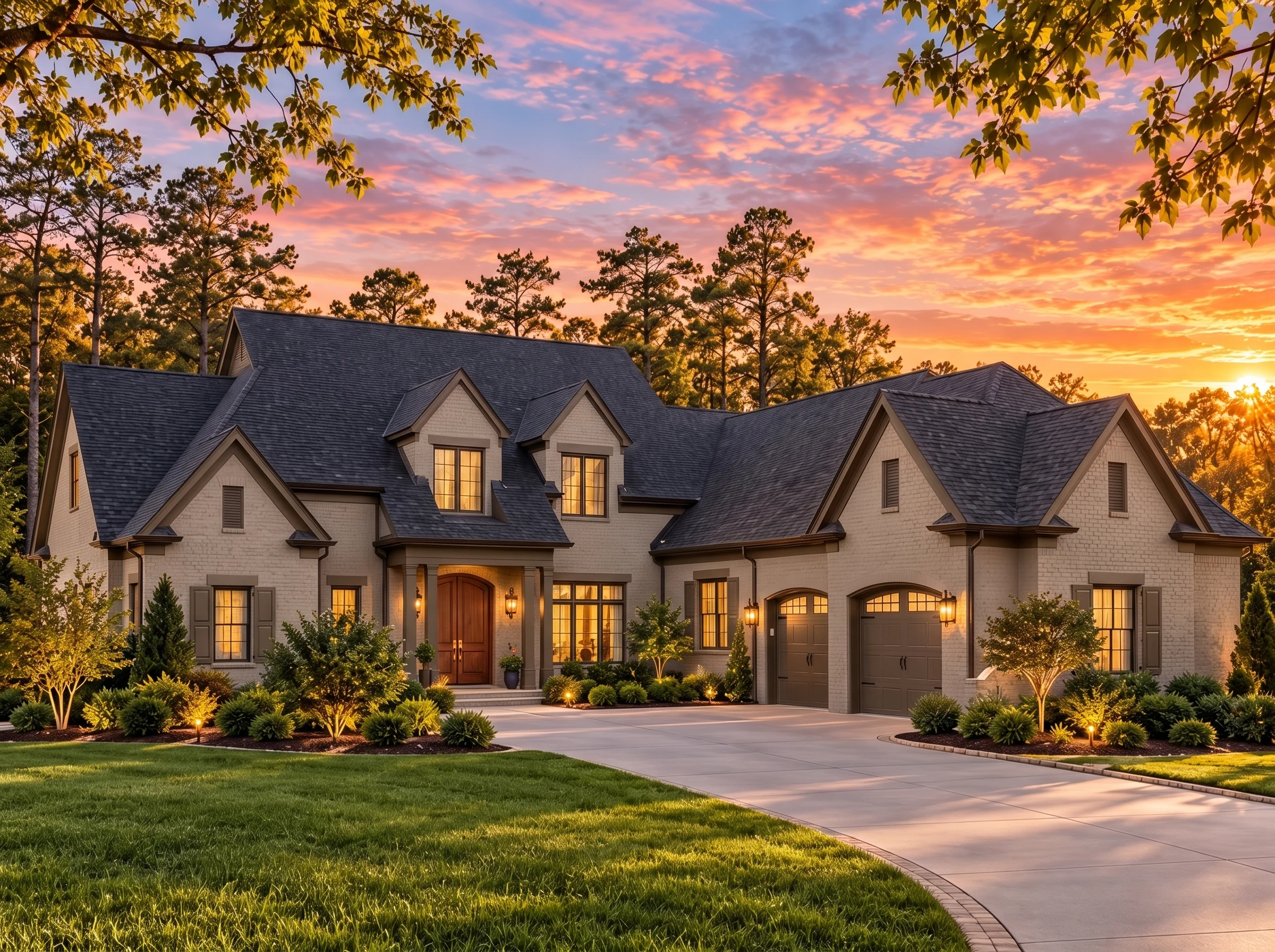 Plan  16-1579 – Minnesota Twin |  French Country – 4-Bed, 3.5-Bath, 4,405 SF - Mushroom Taupe, AI-generated exterior concept