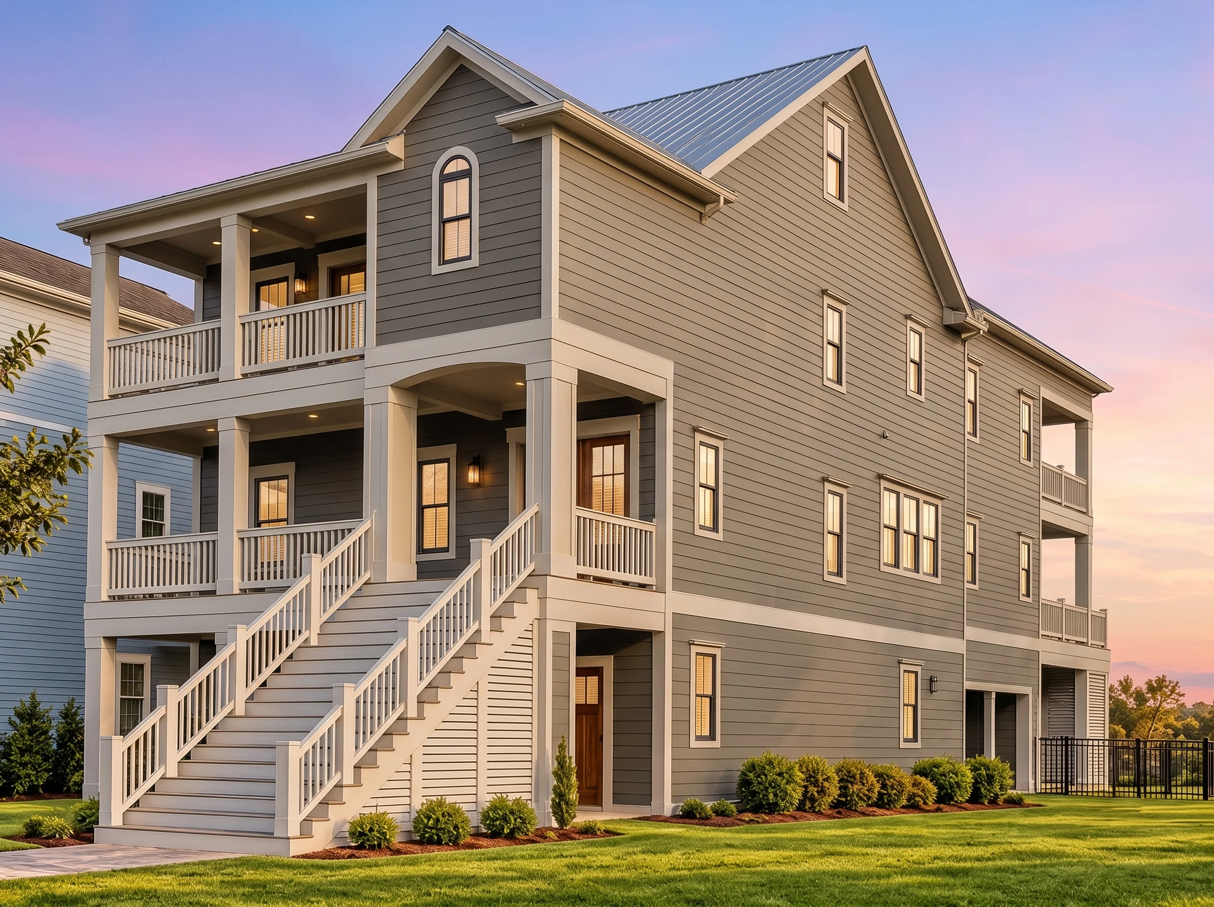 Plan  16-1557 – Price Place |  Coastal – 4-Bed, 4.5-Bath, 4,005 SF - Warm Charcoal, AI-generated exterior concept