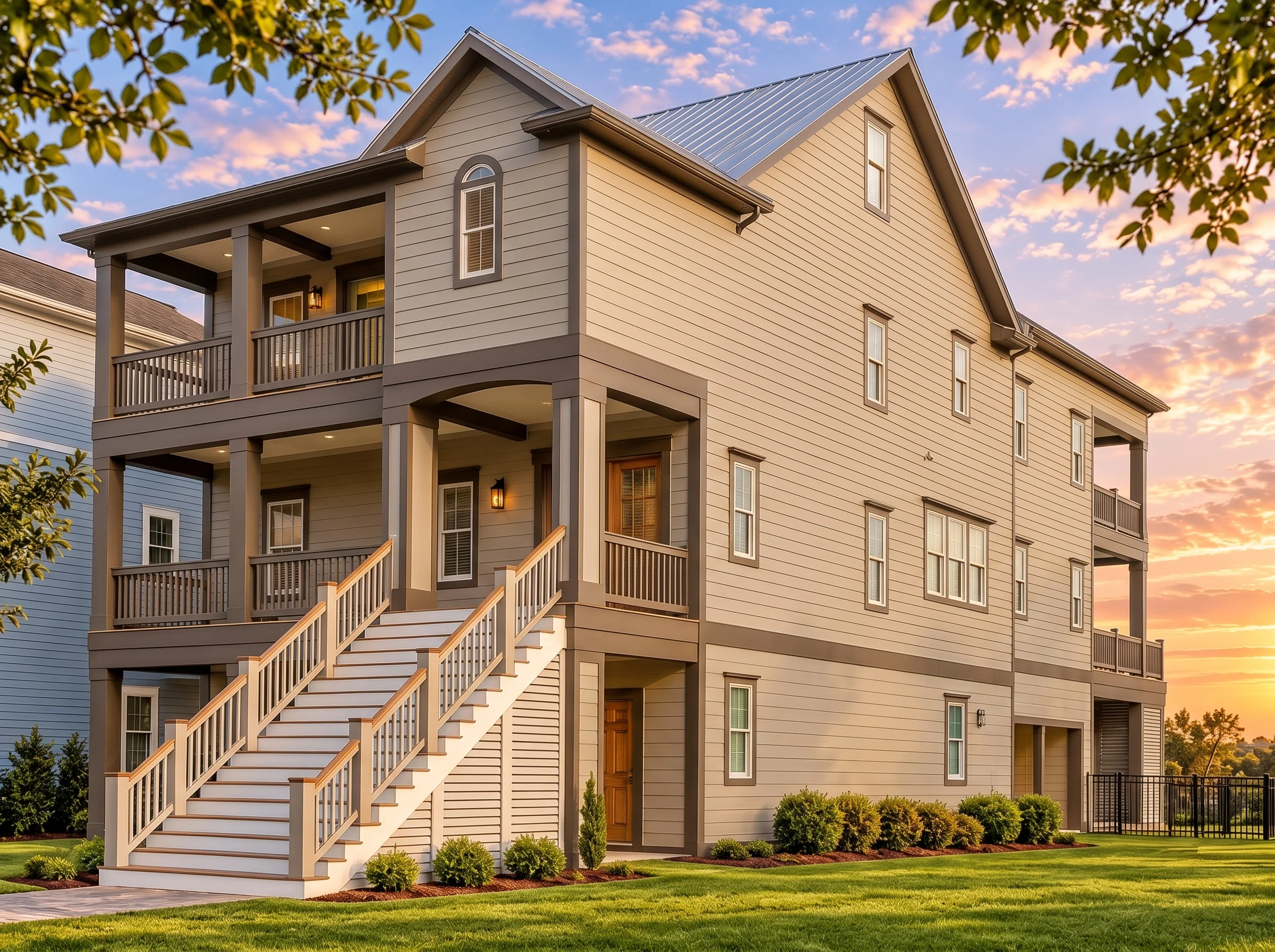 Plan  16-1557 – Price Place |  Coastal – 4-Bed, 4.5-Bath, 4,005 SF - Mushroom Taupe, AI-generated exterior concept