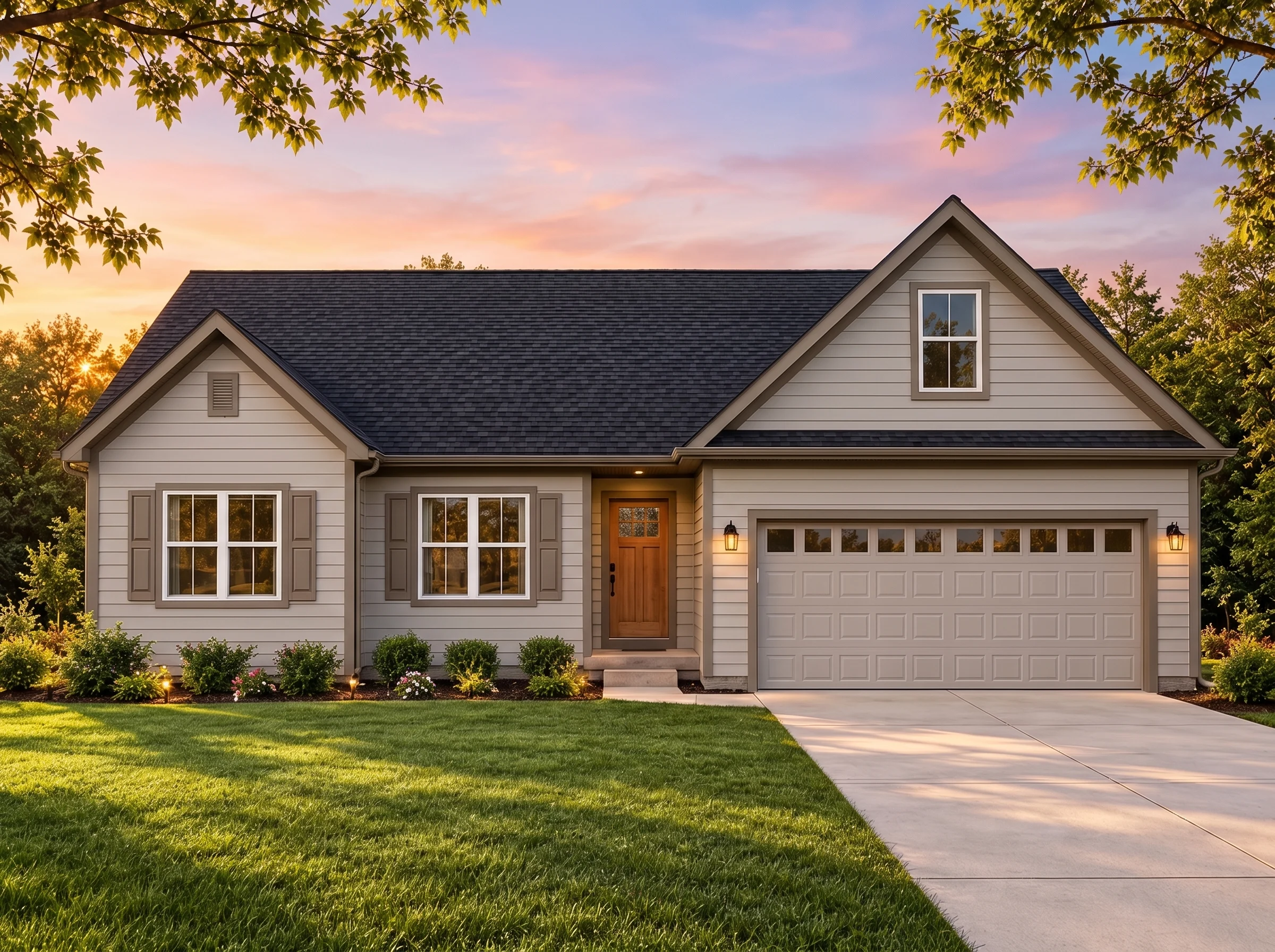 Plan  16-1549 – The Sanders House |  Traditional Ranch – 3-Bed, 2-Bath, 1,990 SF - Mushroom Taupe, AI-generated exterior concept
