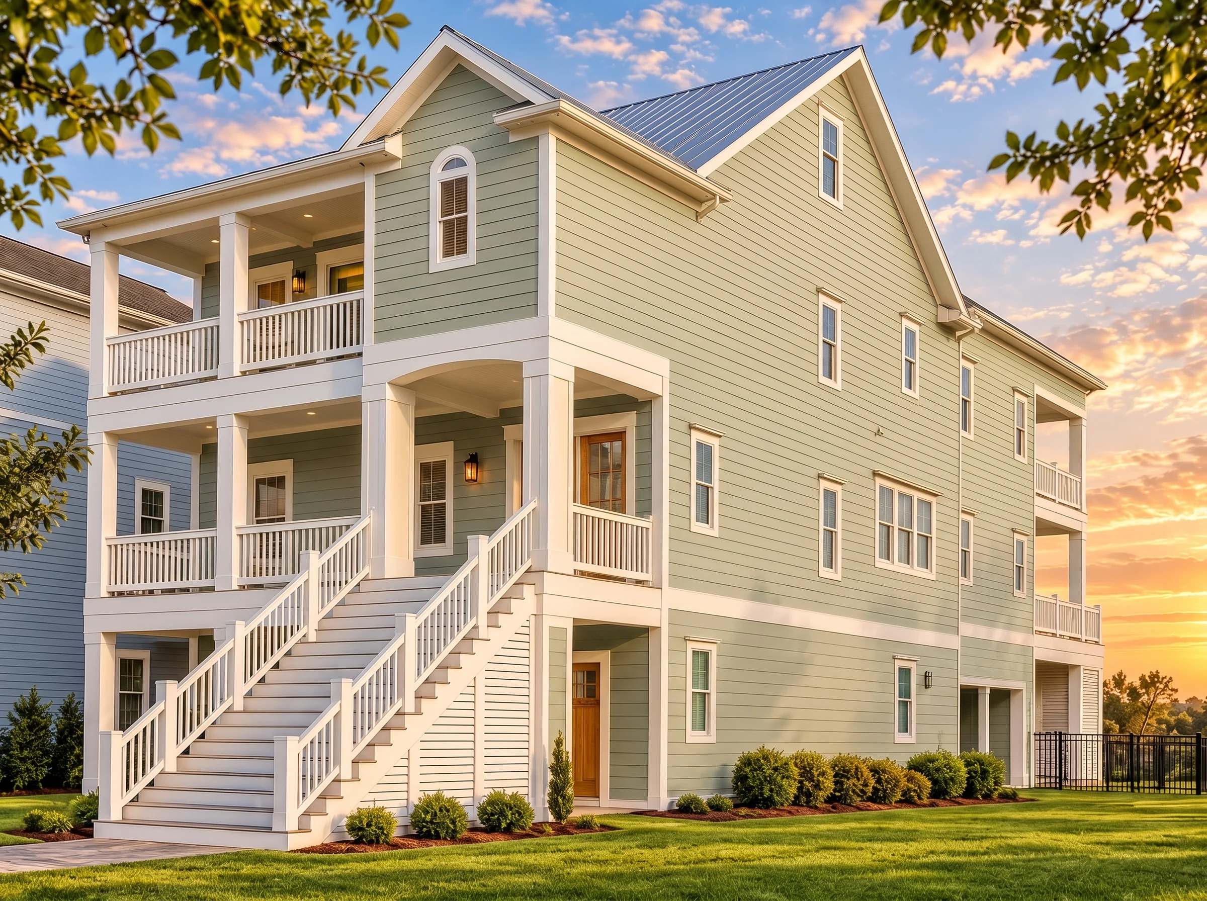 Plan  16-1557 – Price Place |  Coastal – 4-Bed, 4.5-Bath, 4,005 SF - Muted Sage, AI-generated exterior concept