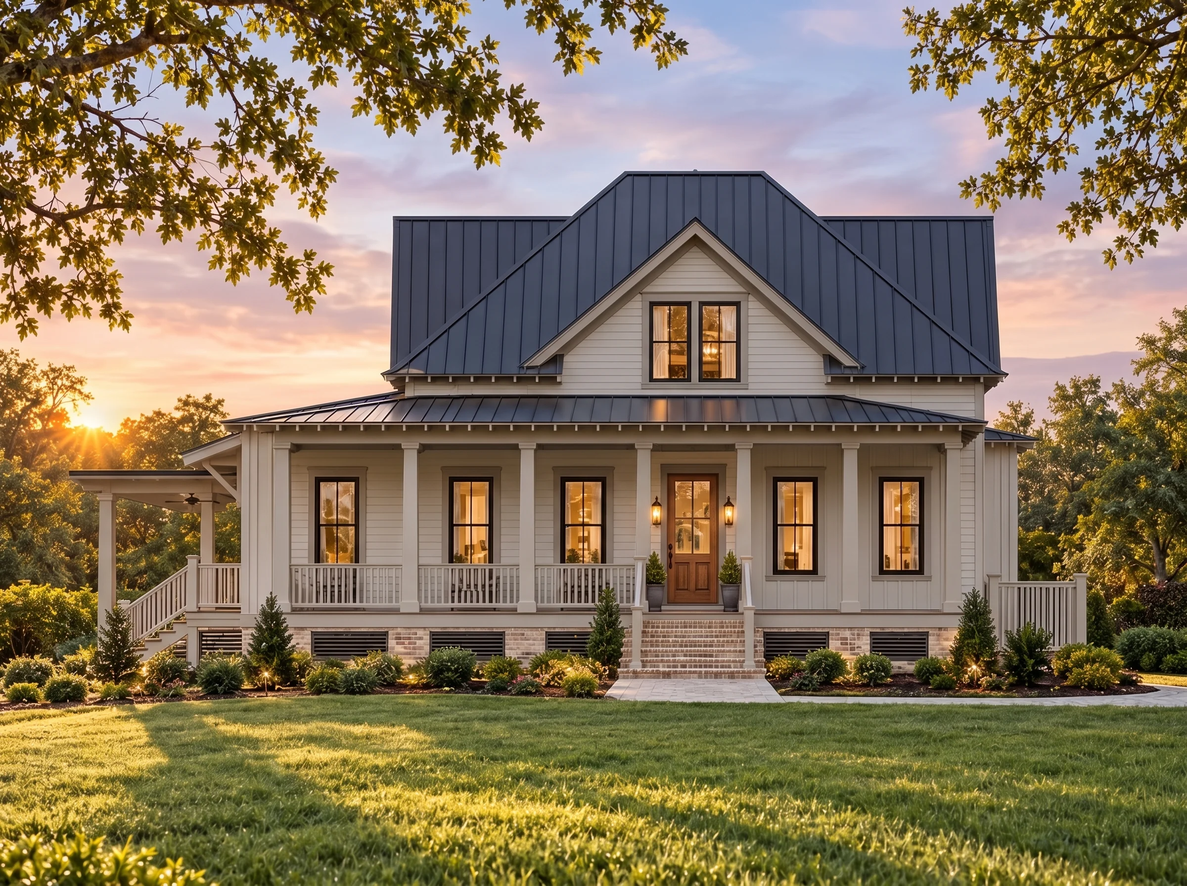 Plan  16-1538 – Aster Hollow Farmhouse  | Modern Farmhouse – 3-Bed, 3-Bath, 3,048 SF - Mushroom Taupe, AI-generated exterior concept