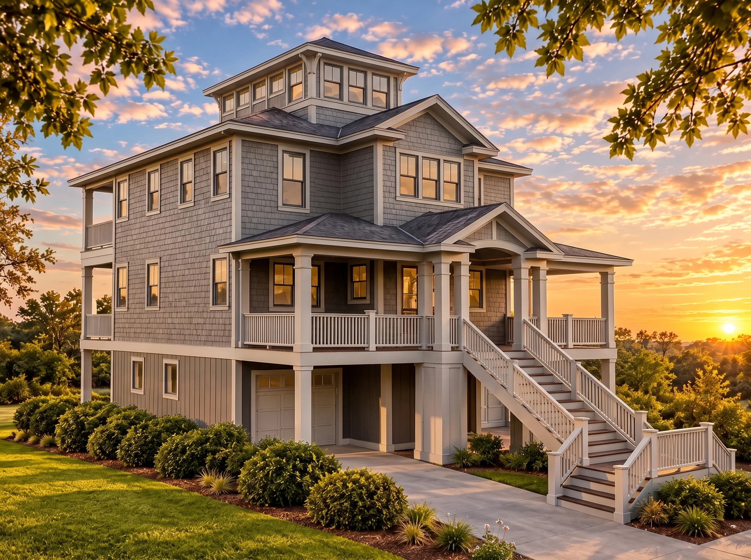 Plan  16-1596 – Auburn Oak Villa |  Coastal – 4-Bed, 4-Bath, 2,676 SF - Warm Charcoal, AI-generated exterior concept