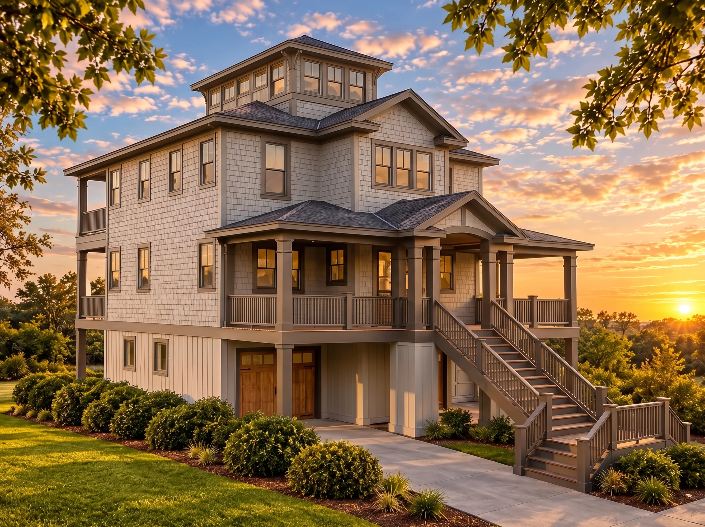 Plan  16-1596 – Auburn Oak Villa |  Coastal – 4-Bed, 4-Bath, 2,676 SF - Mushroom Taupe, AI-generated exterior concept