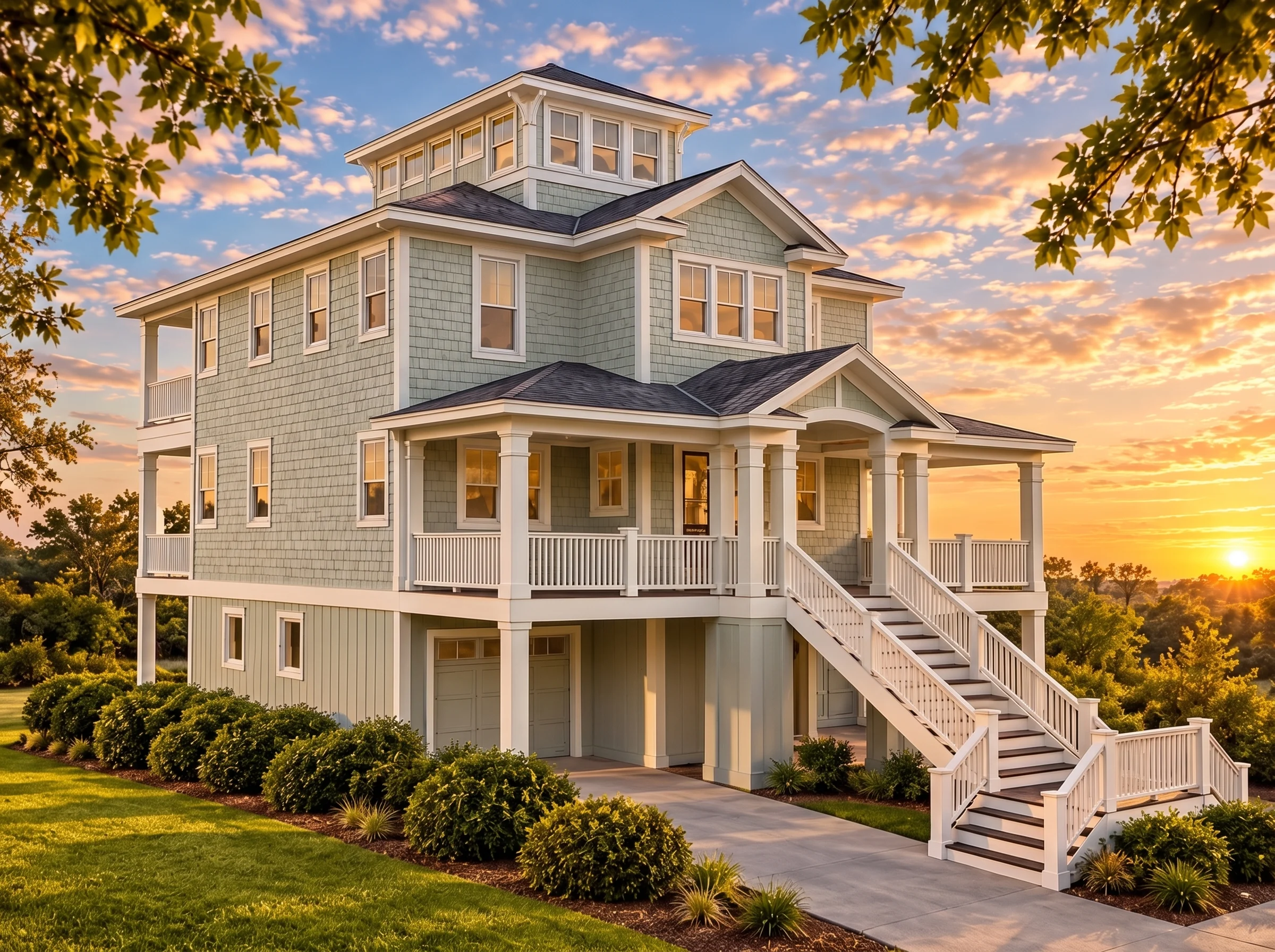 Plan  16-1596 – Auburn Oak Villa |  Coastal – 4-Bed, 4-Bath, 2,676 SF - Muted Sage, AI-generated exterior concept
