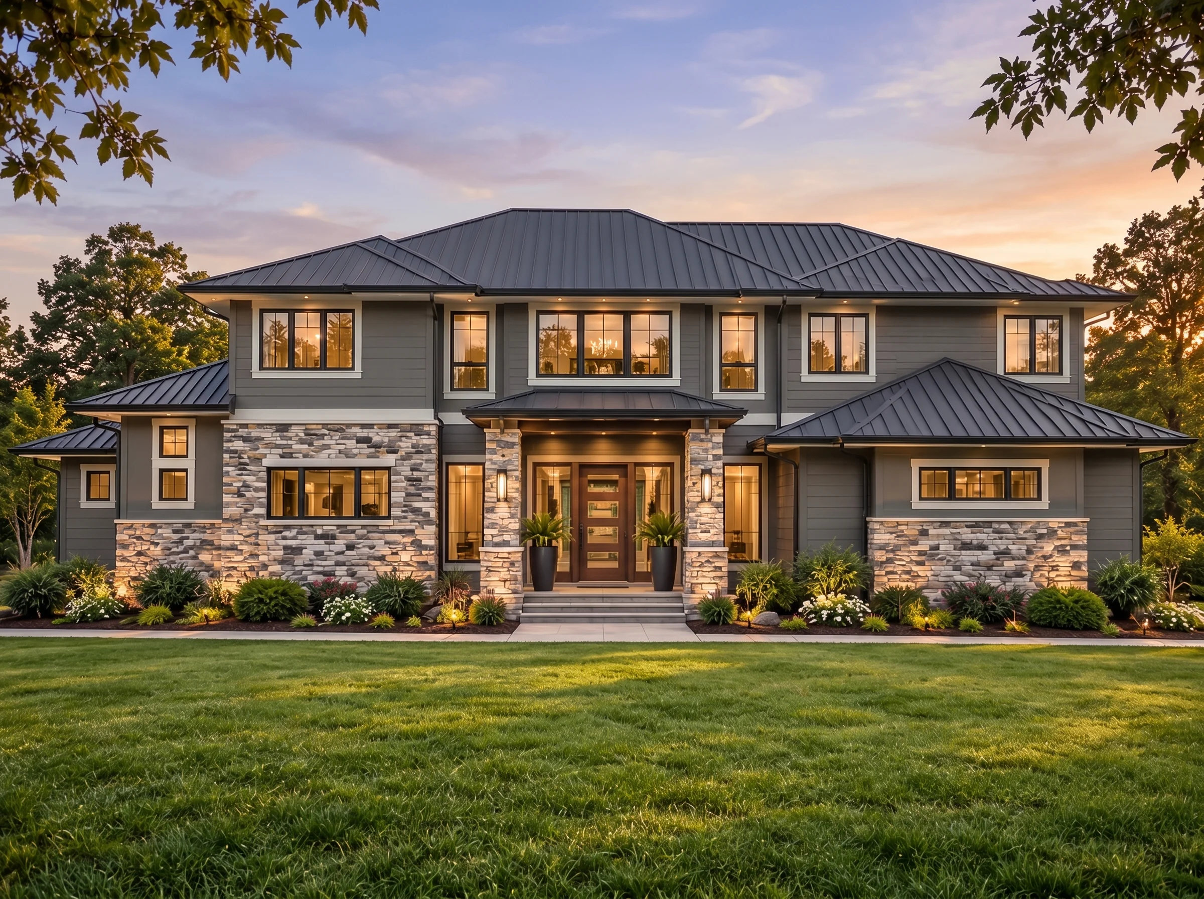 Plan  16-1812 – Aster Cedar Estate |  New American – 4-Bed, 5-Bath, 4,338 SF - Warm Charcoal, AI-generated exterior concept
