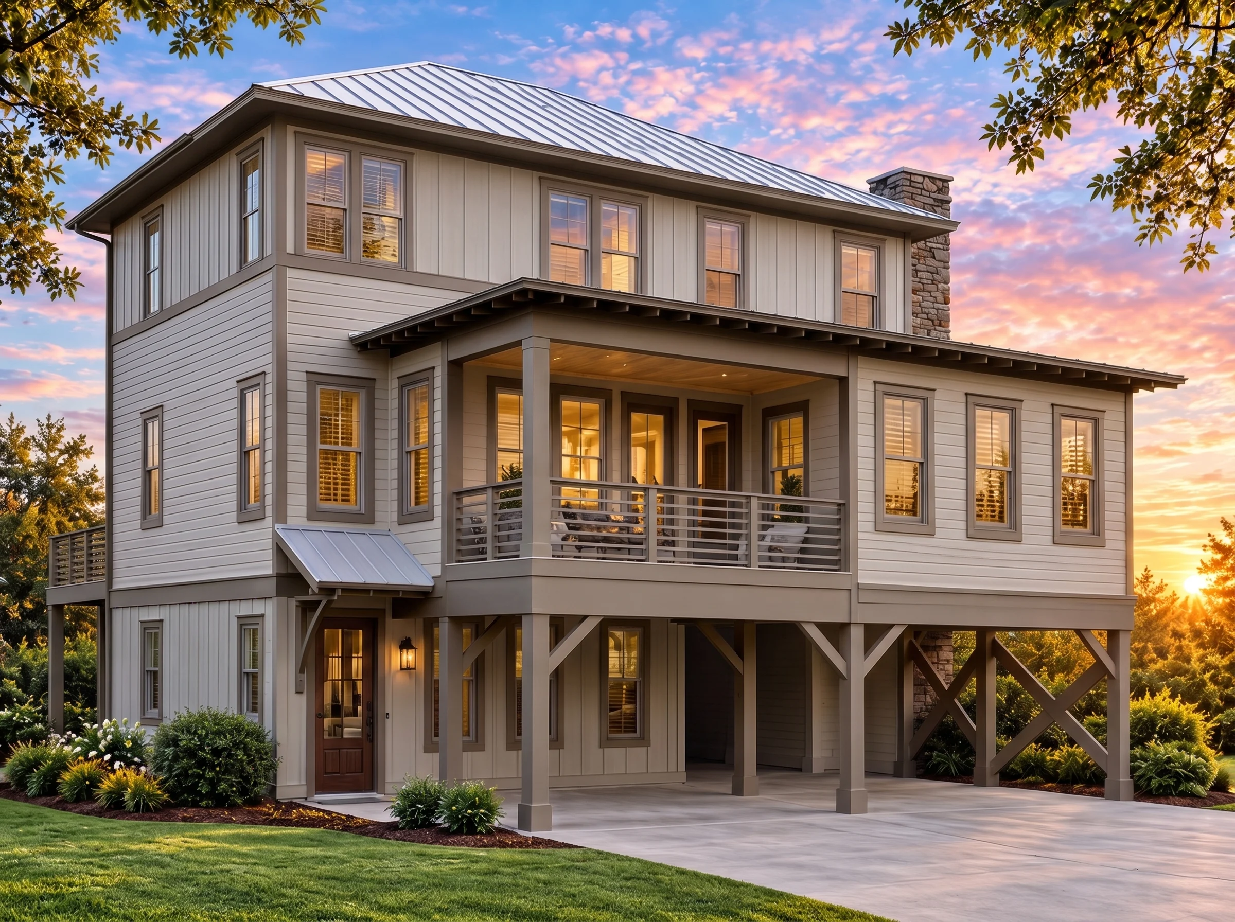 Plan  16-1805 – Simmons Lodge |  Coastal-test – 4-Bed, 4.5-Bath, 2,873 SF - Mushroom Taupe, AI-generated exterior concept