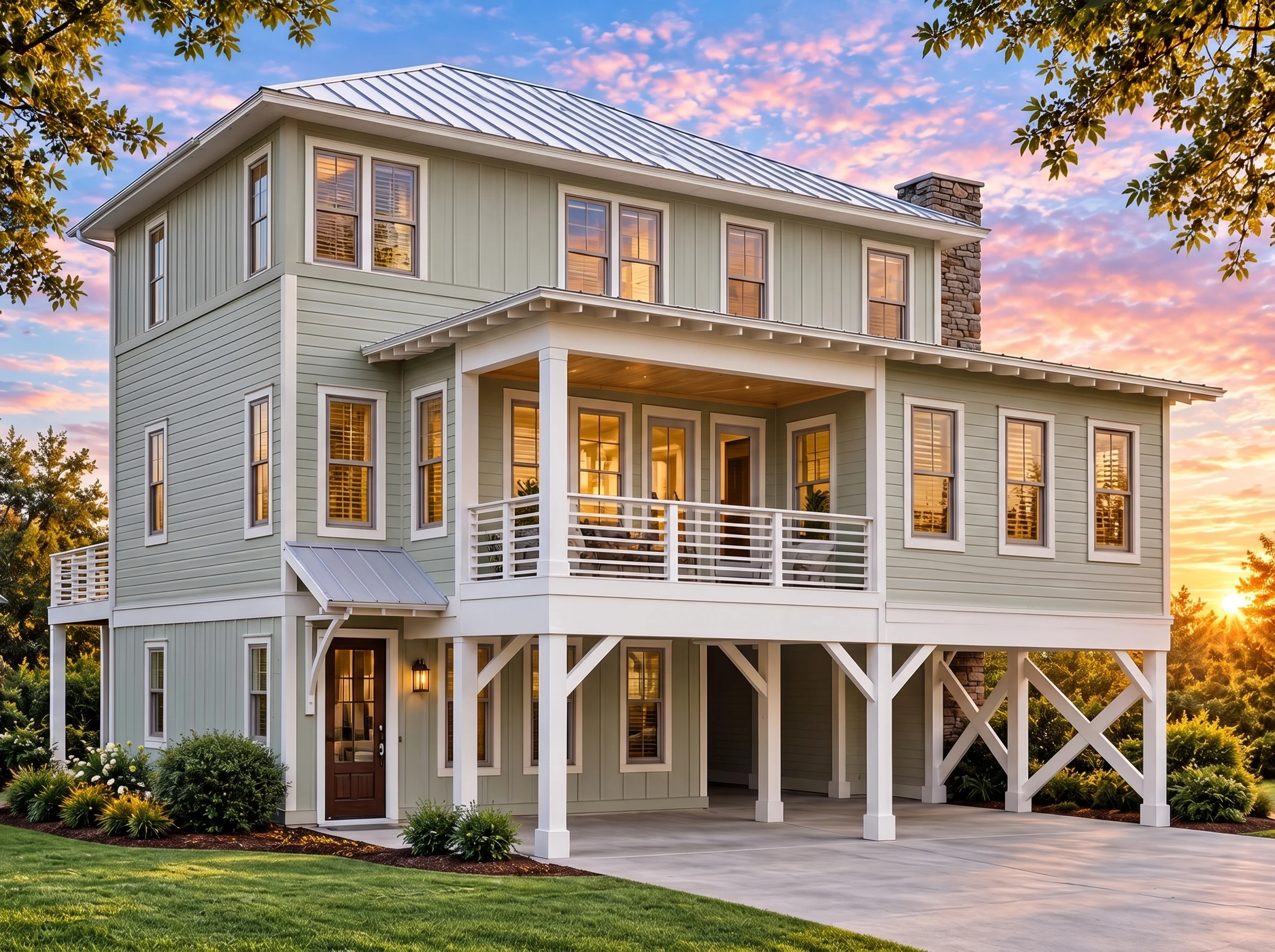 Plan  16-1805 – Simmons Lodge |  Coastal-test – 4-Bed, 4.5-Bath, 2,873 SF - Muted Sage, AI-generated exterior concept