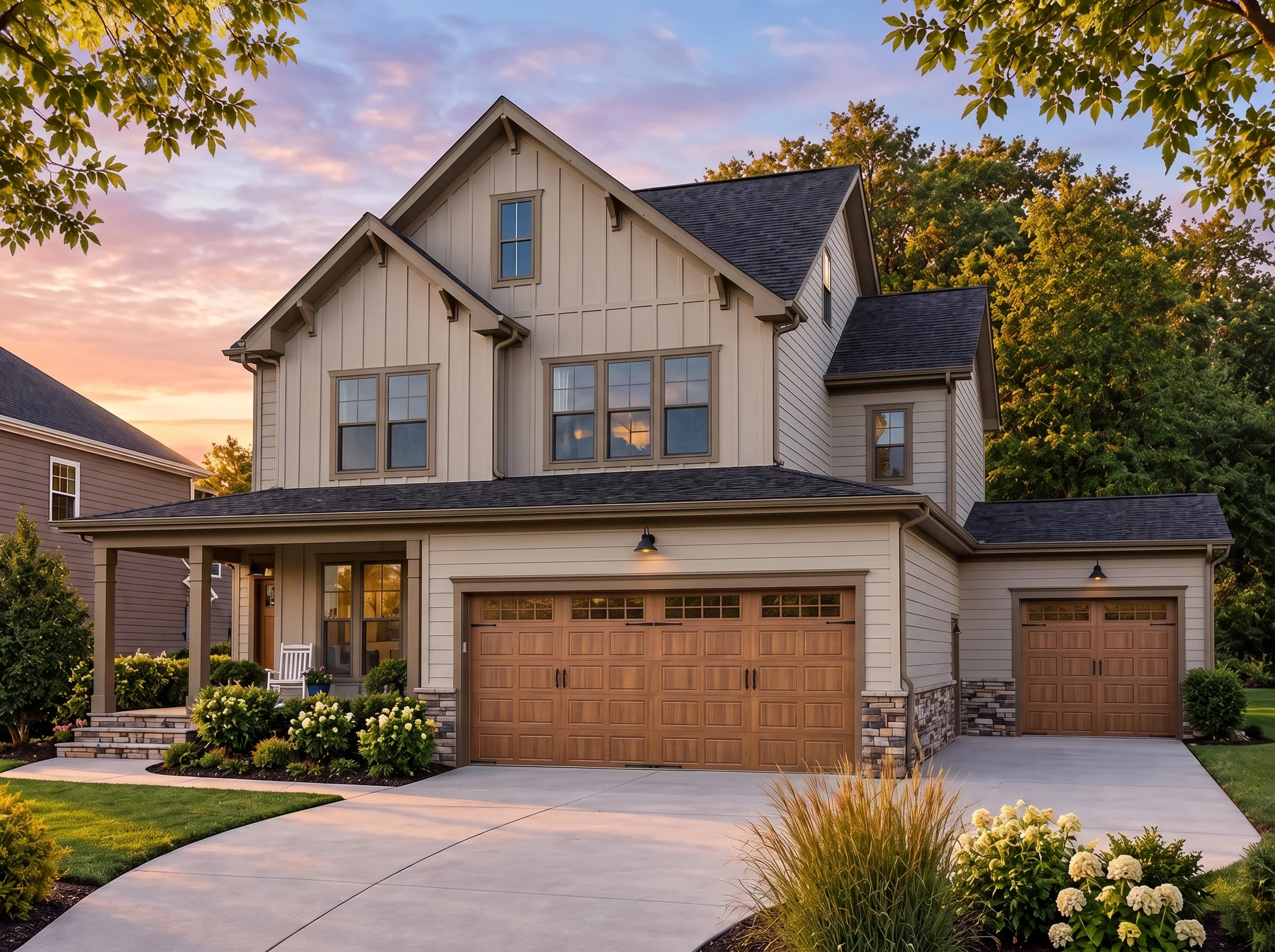 Plan  16-1790 – Aster Heights Chalet  | New American – 5-Bed, 4-Bath, 3,050 SF - Mushroom Taupe, AI-generated exterior concept