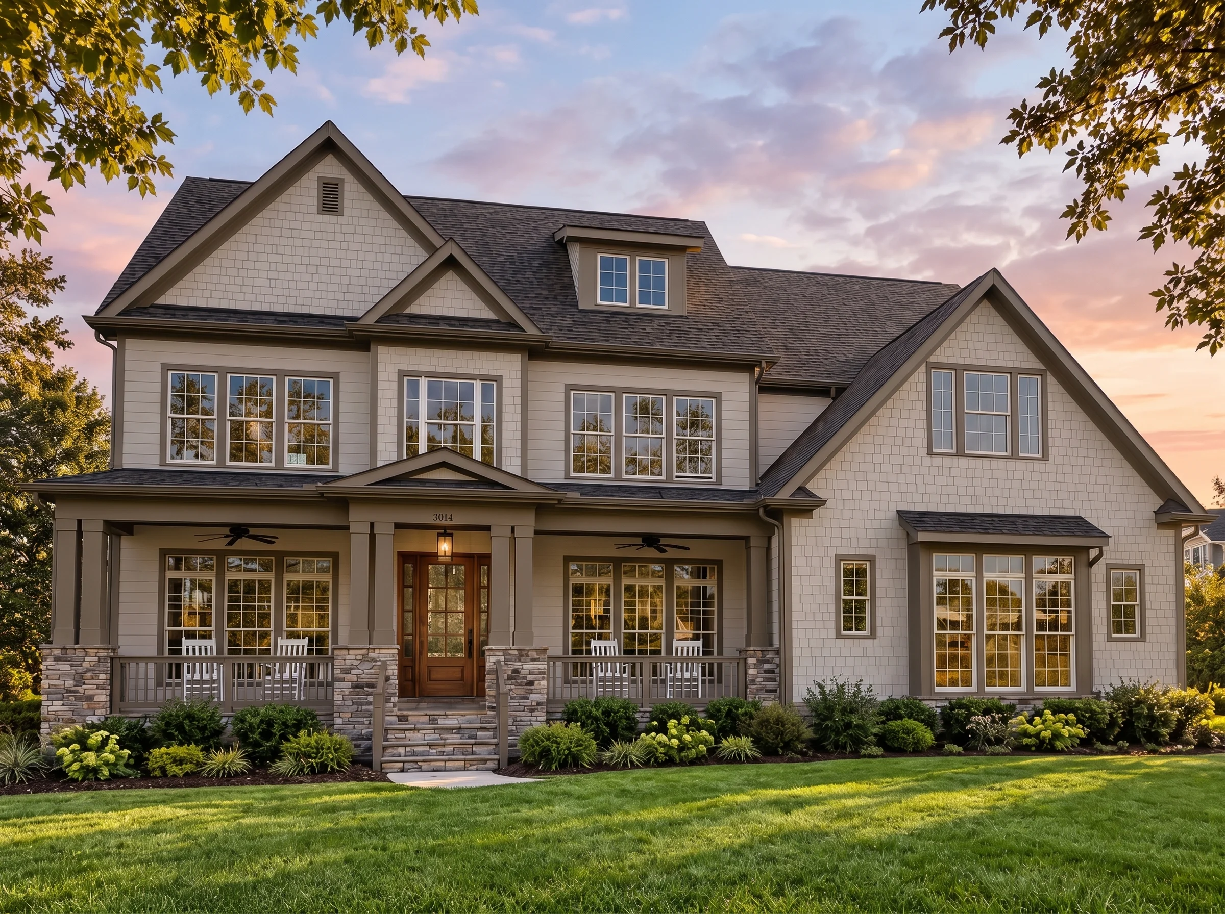 Plan  16-1786 – The Butler Station |  New American – 5-Bed, 4.5-Bath, 3,927 SF - Mushroom Taupe, AI-generated exterior concept