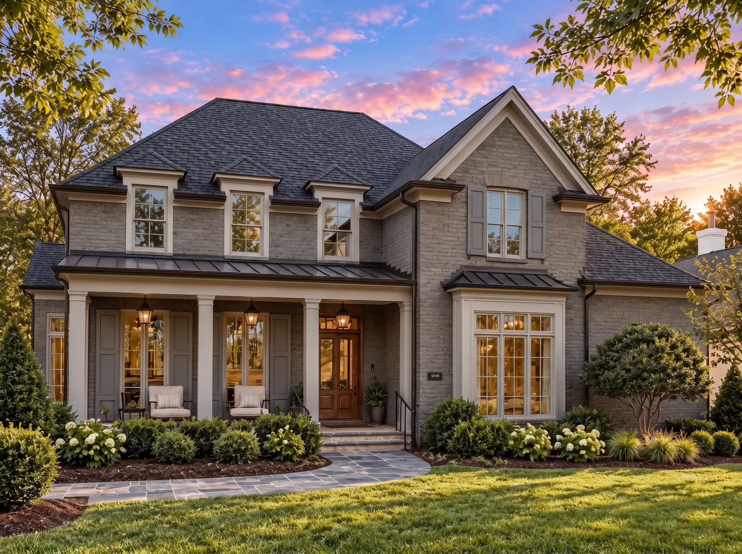 Plan  16-1774 – Washington Place |  Colonial Revival – 4-Bed, 5-Bath, 3,997 SF - Warm Charcoal, AI-generated exterior concept