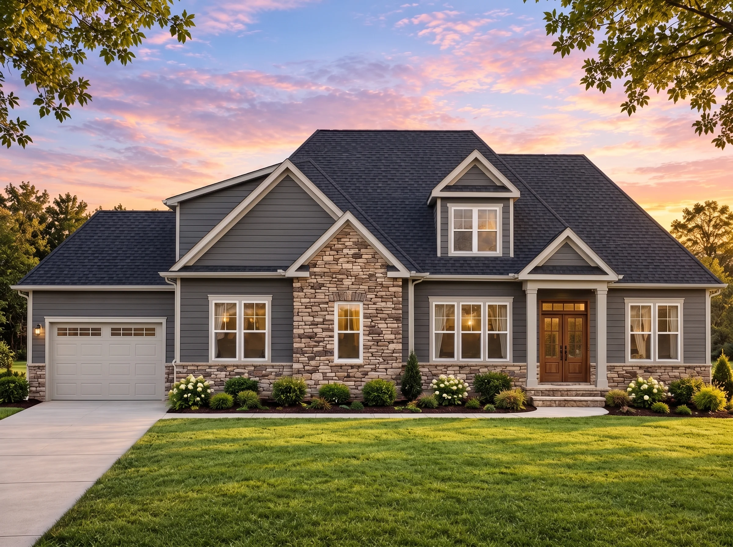 Plan  16-1769 – Aster Fork Estate |  Modern Farmhouse – 2-Bed, 2.5-Bath, 3,309 SF - Warm Charcoal, AI-generated exterior concept