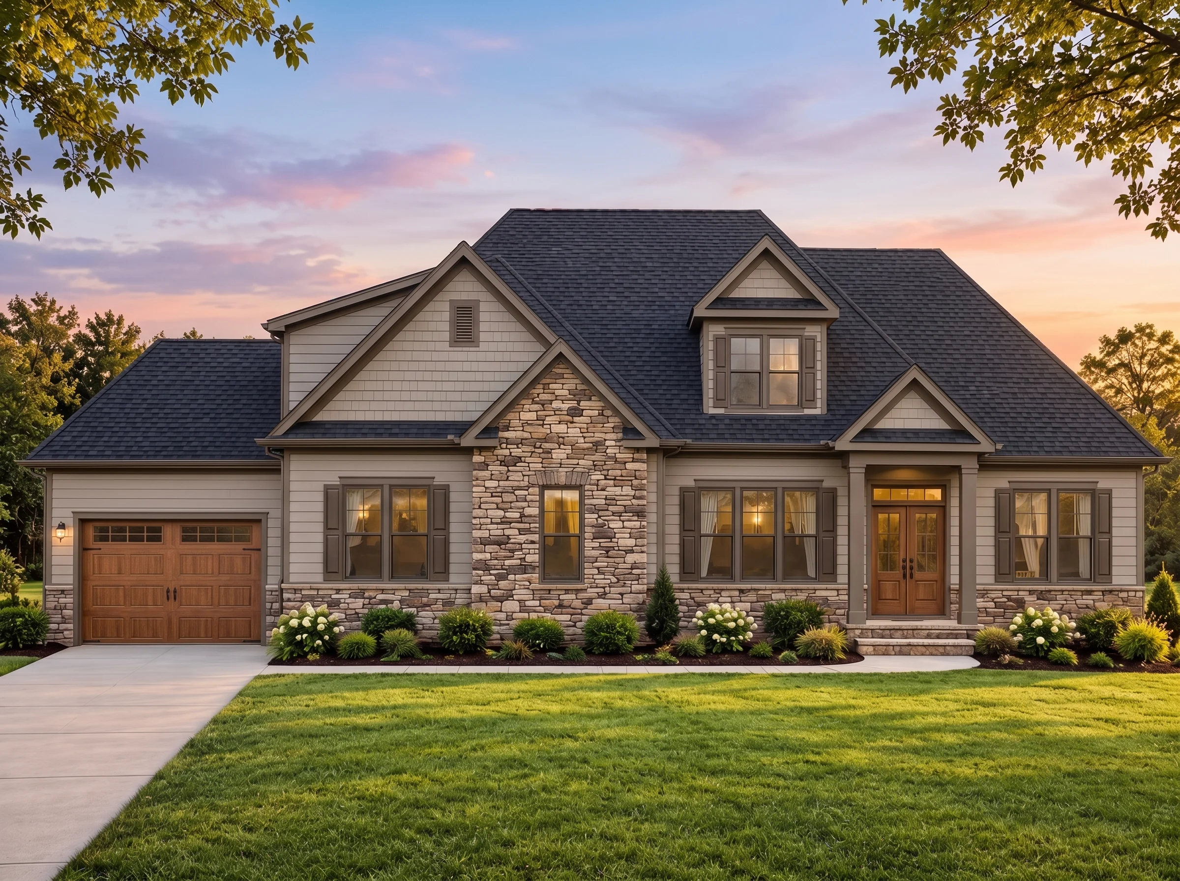Plan  16-1769 – Aster Fork Estate |  Modern Farmhouse – 2-Bed, 2.5-Bath, 3,309 SF - Mushroom Taupe, AI-generated exterior concept