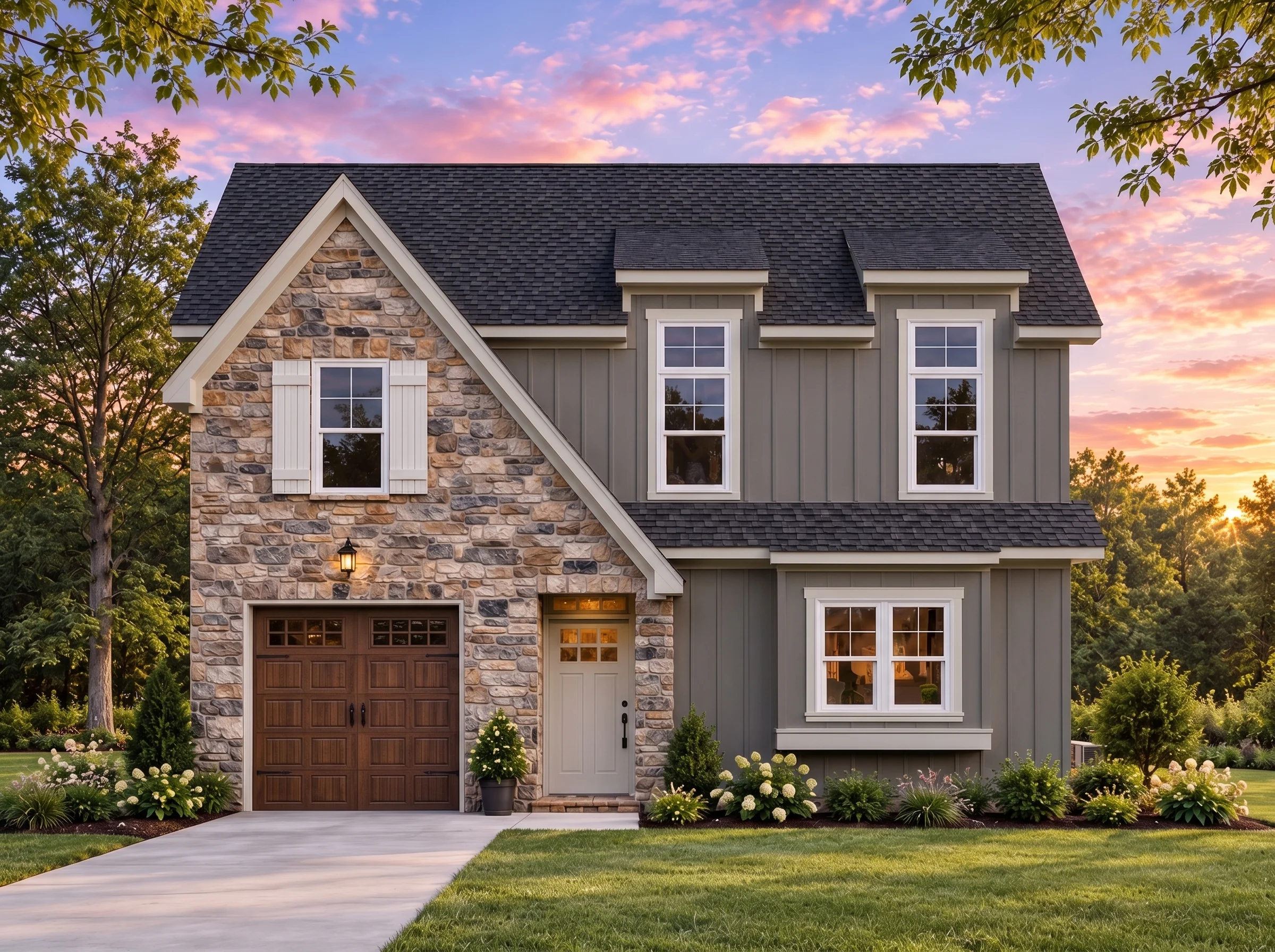 Plan  16-1743 – The Patterson Manor  | Traditional Colonial – 3-Bed, 2.5-Bath, 2,540 SF - Warm Charcoal, AI-generated exterior concept