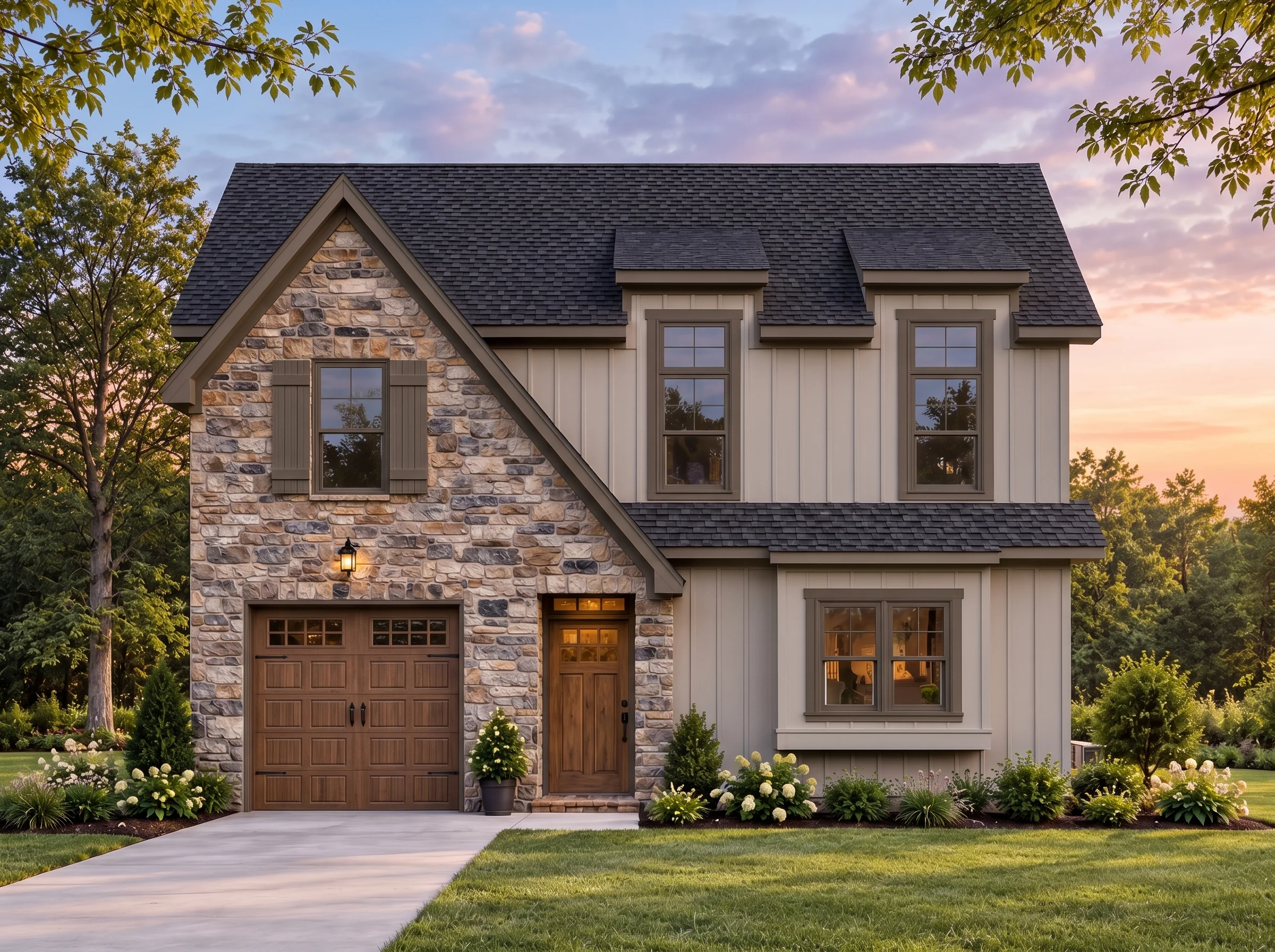 Plan  16-1743 – The Patterson Manor  | Traditional Colonial – 3-Bed, 2.5-Bath, 2,540 SF - Mushroom Taupe, AI-generated exterior concept