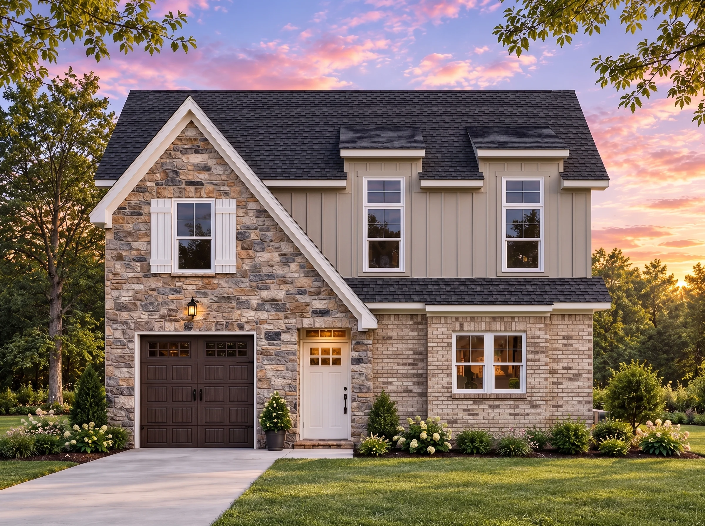Plan  16-1743 – The Patterson Manor  | Traditional Colonial – 3-Bed, 2.5-Bath, 2,540 SF - Natural Brick, AI-generated exterior concept