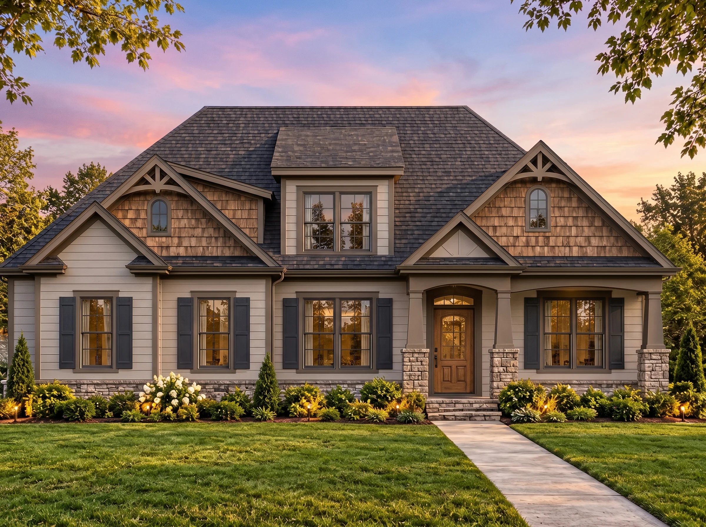 Plan  16-1734 – Auburn Crossing Homestead | Modern Farmhouse – 3-Bed, 2.5-Bath, 2,552 SF - Mushroom Taupe, AI-generated exterior concept
