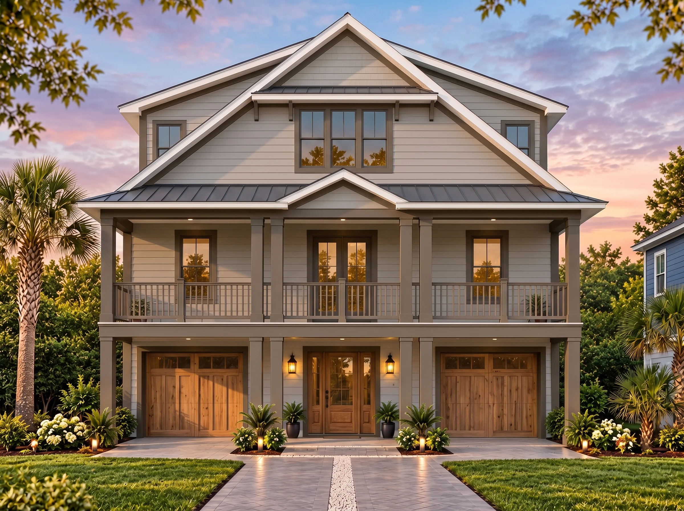 Plan  16-1719 – Ratio House |  Coastal – 5-Bed, 5.5-Bath, 3,919 SF - Mushroom Taupe, AI-generated exterior concept