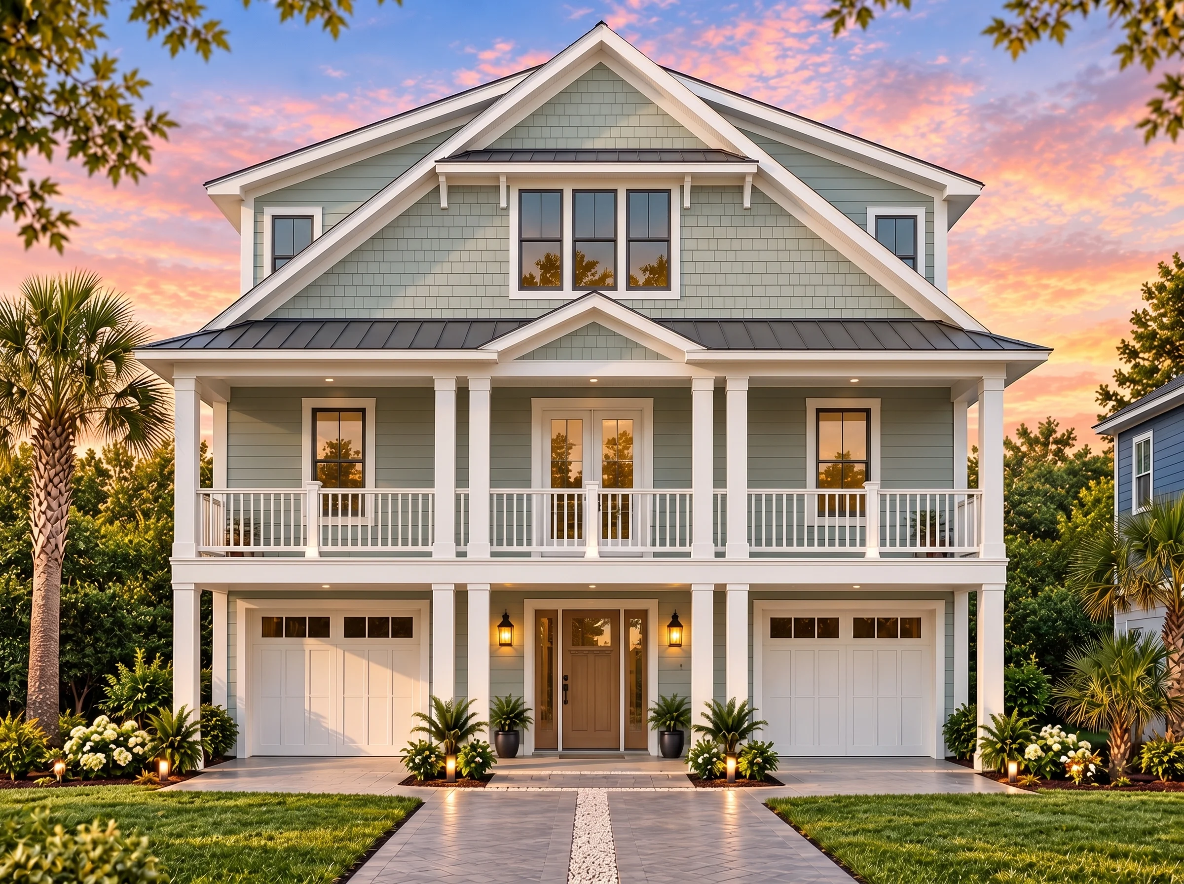 Plan  16-1719 – Ratio House |  Coastal – 5-Bed, 5.5-Bath, 3,919 SF - Muted Sage, AI-generated exterior concept