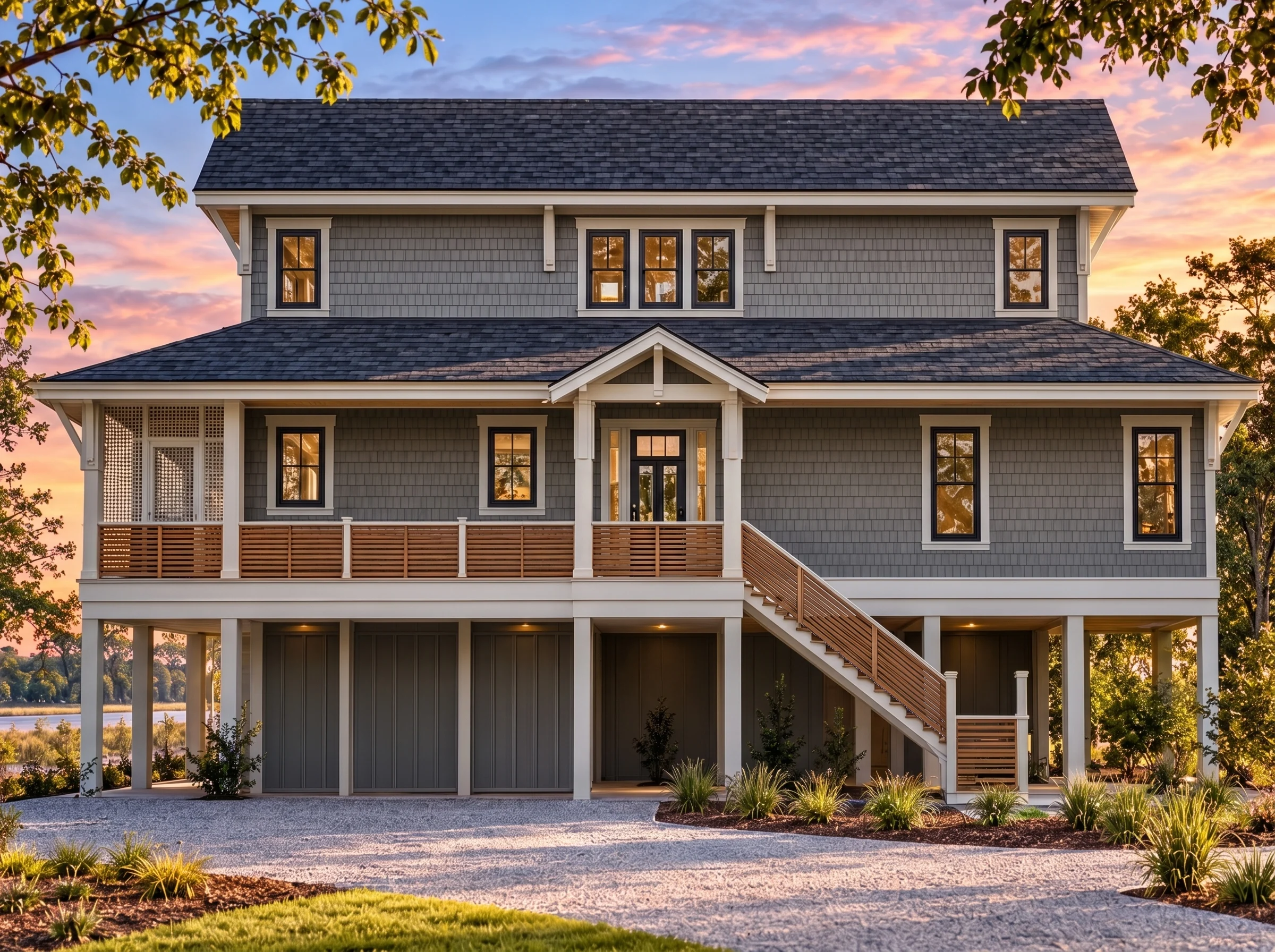 Plan  16-1698 – Auburn Pointe Retreat  | Low Country – 4-Bed, 3-Bath, 2,844 SF - Warm Charcoal, AI-generated exterior concept