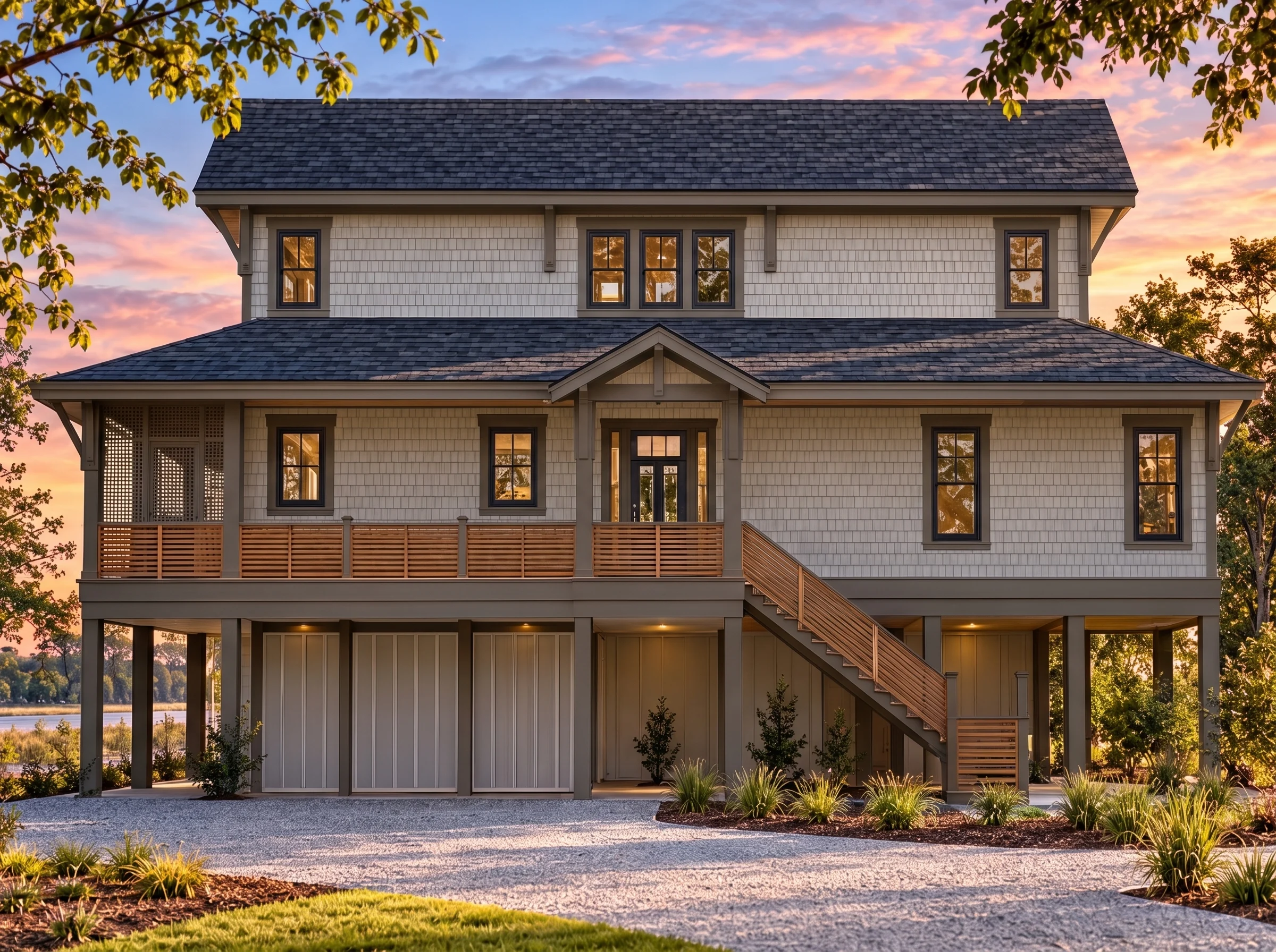 Plan  16-1698 – Auburn Pointe Retreat  | Low Country – 4-Bed, 3-Bath, 2,844 SF - Mushroom Taupe, AI-generated exterior concept