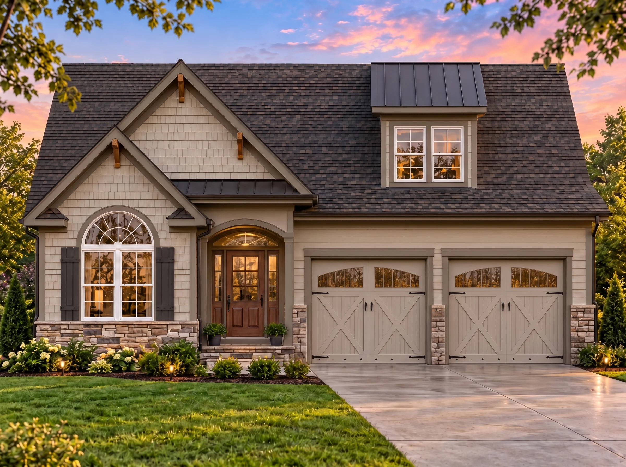 Plan  16-1693 – The Jenkins Estate |  Traditional – 3-Bed, 2-Bath, 1,451 SF - Mushroom Taupe, AI-generated exterior concept