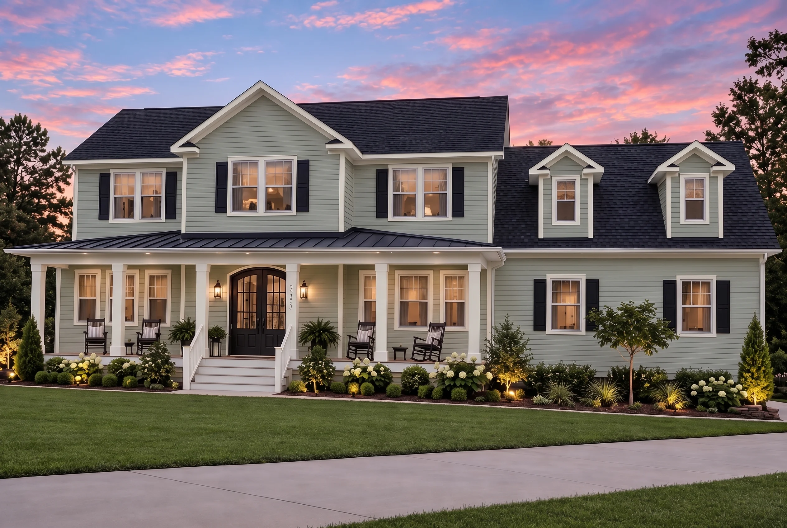 Plan  16-1658 – The Zenith House |  Coastal Farmhouse – 4-Bed, 3.5-Bath, 3,301 SF - Muted Sage, AI-generated exterior concept