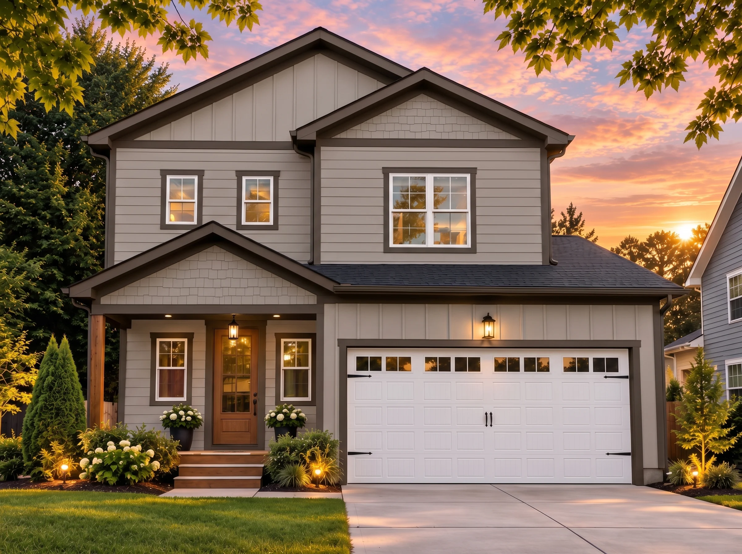 Plan  16-1635 – Aster Grove Cottage  | New American – 3-Bed, 3-Bath, 2,050 SF - Mushroom Taupe, AI-generated exterior concept