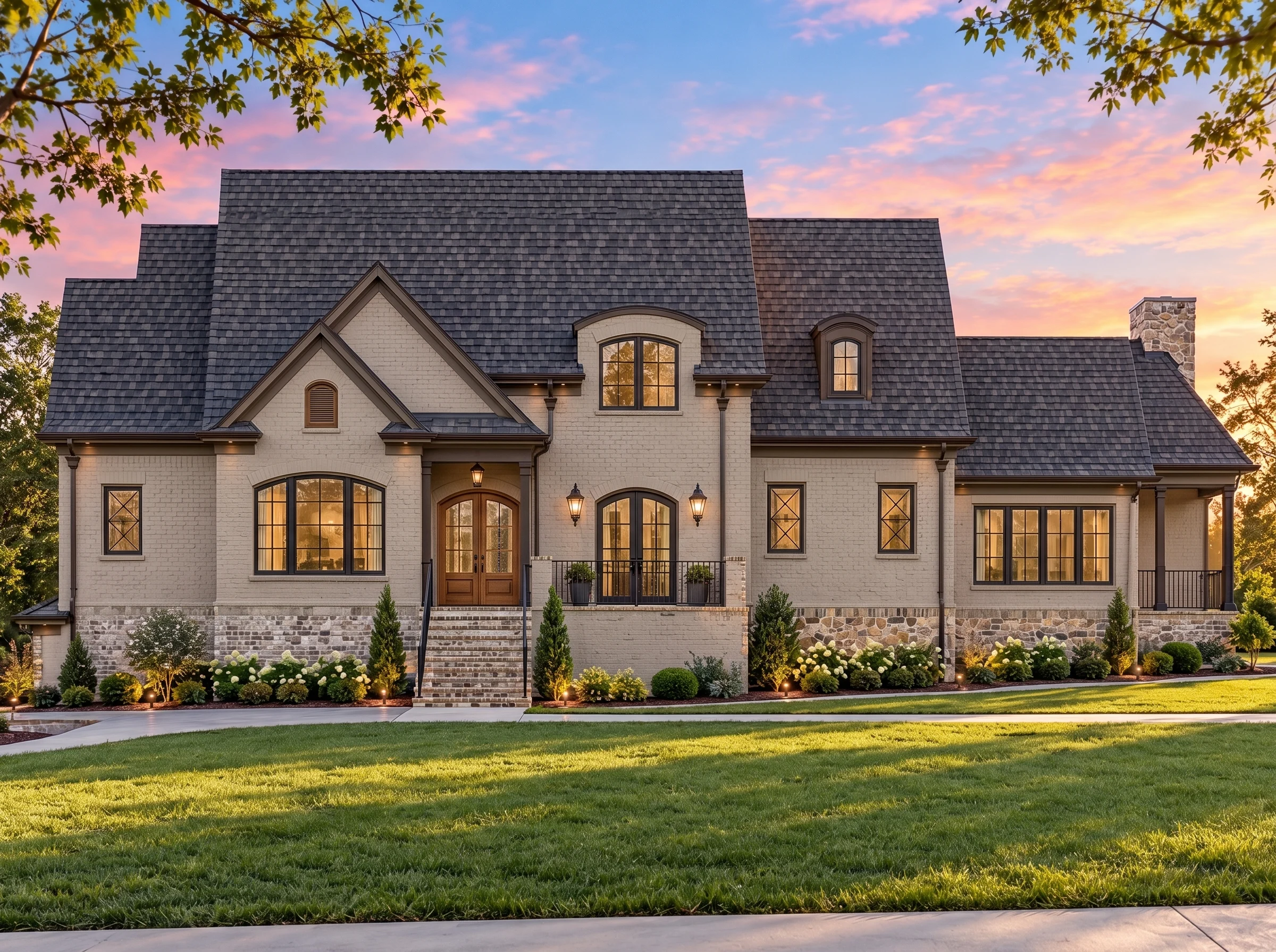 Plan  16-1832 – Gonzales Walk |  French Country – 4,604 SF – 4-Bed, 3.5-Bath - Mushroom Taupe, AI-generated exterior concept